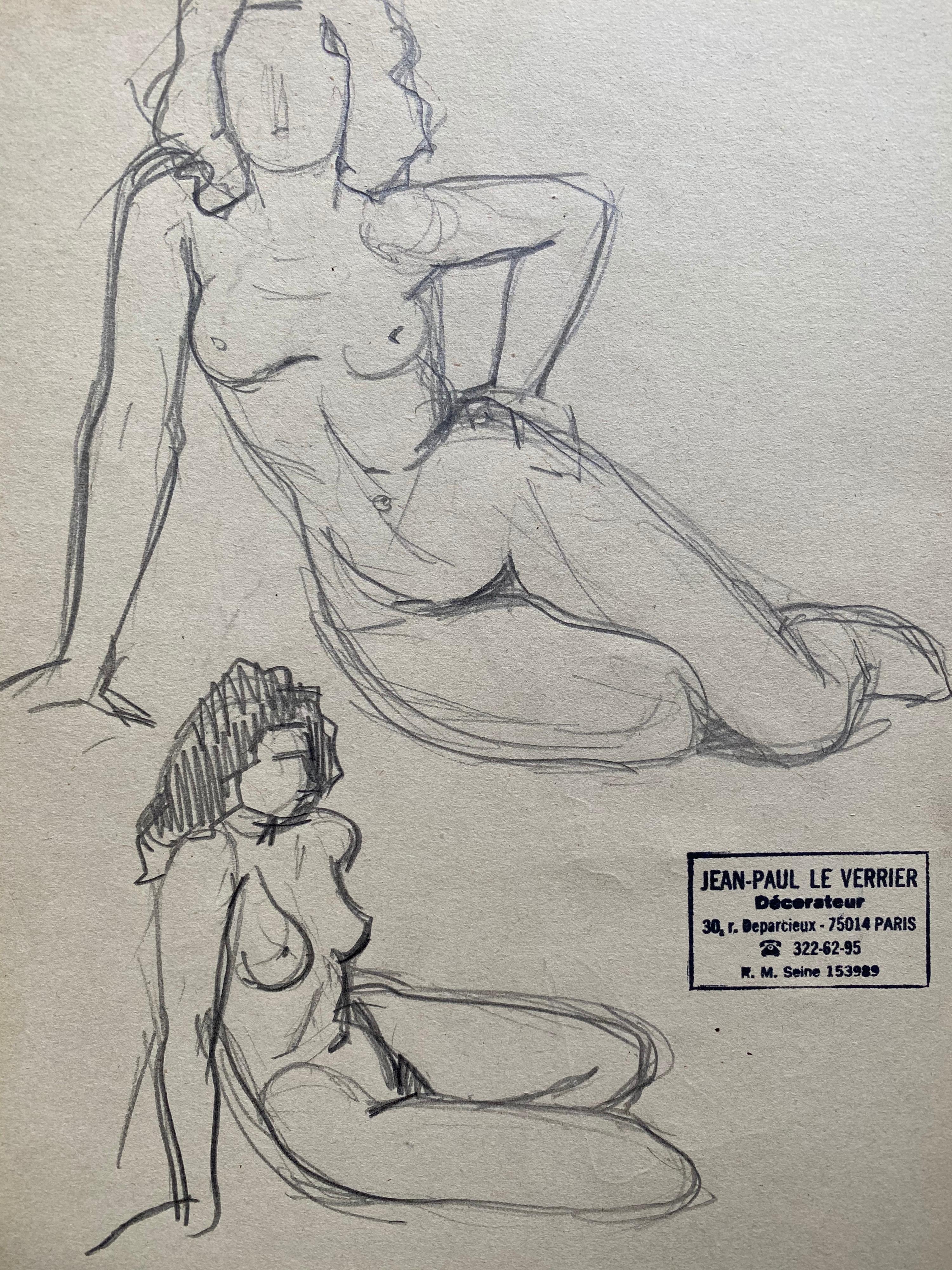 Jean-Paul le Verrier Nude – Französische Original-Linien-Zeichnungsskizze des mittleren 20. Jahrhunderts, Akt, weiblicher Akt, gestempelt