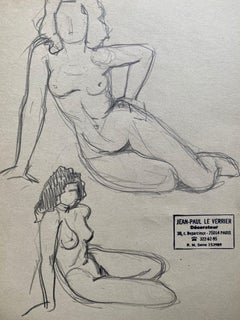 Mediados del siglo XX French mid 20th Original Line Drawing sketch Nude Female- Stamped