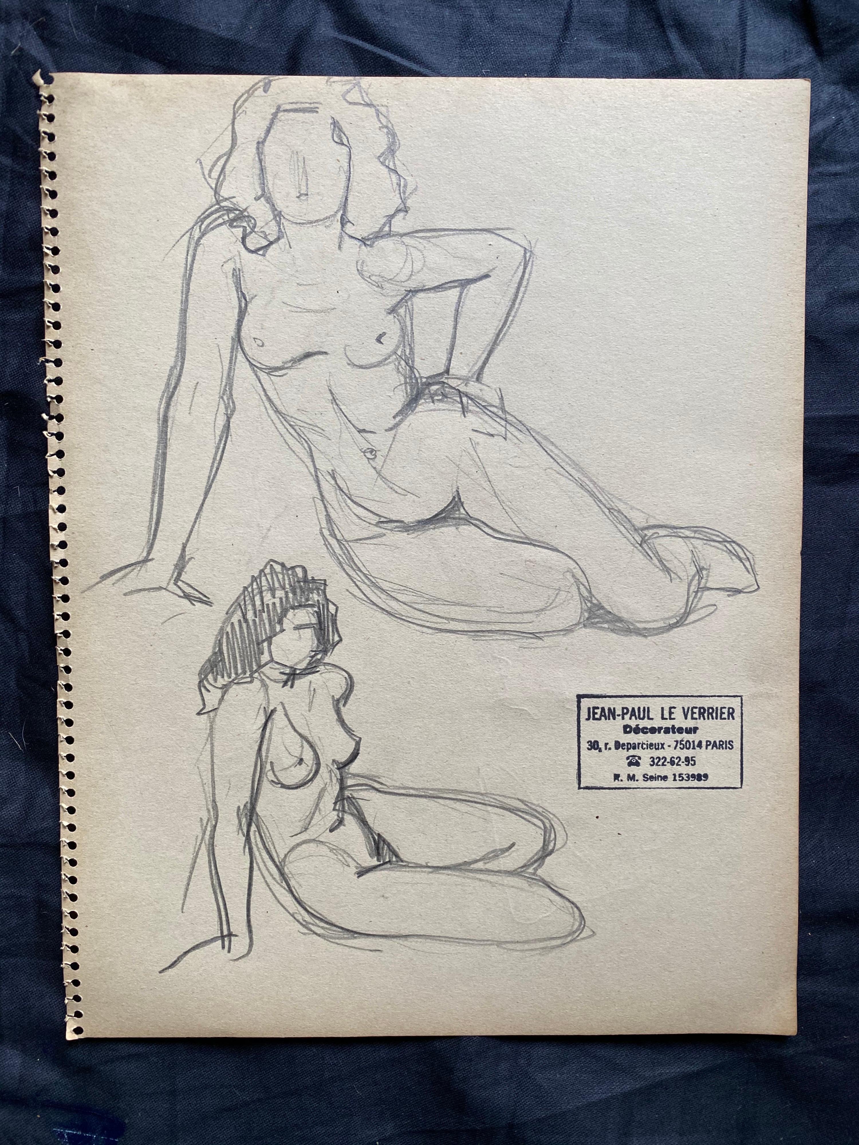 Französische Original-Linien-Zeichnungsskizze des mittleren 20. Jahrhunderts, Akt, weiblicher Akt, gestempelt – Art von Jean-Paul le Verrier