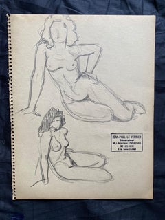 Mid 20th century French Original Line Drawing sketch Nude Female- Stamped