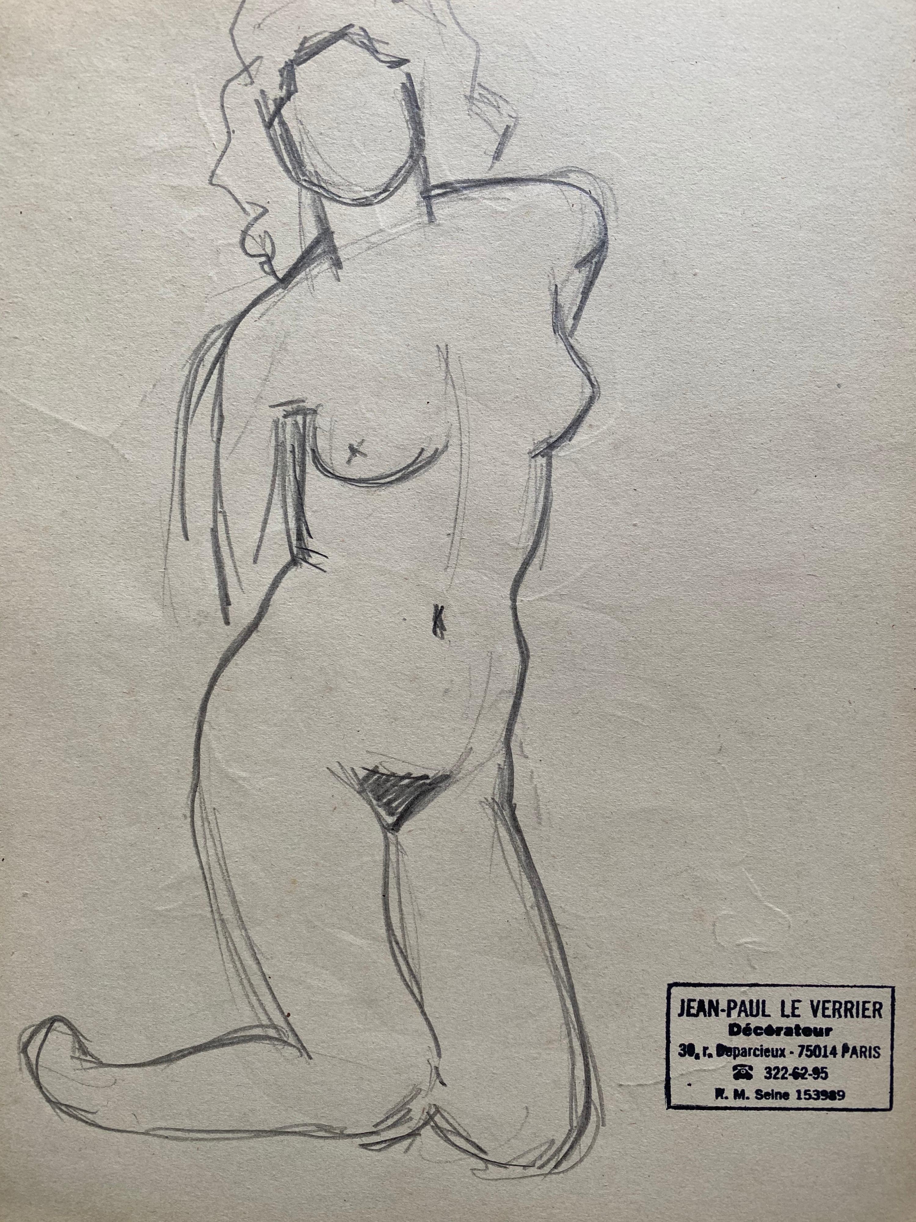 Mid 20th century French Original Line Drawing sketch Nude Female- Stamped - Art by Jean-Paul le Verrier