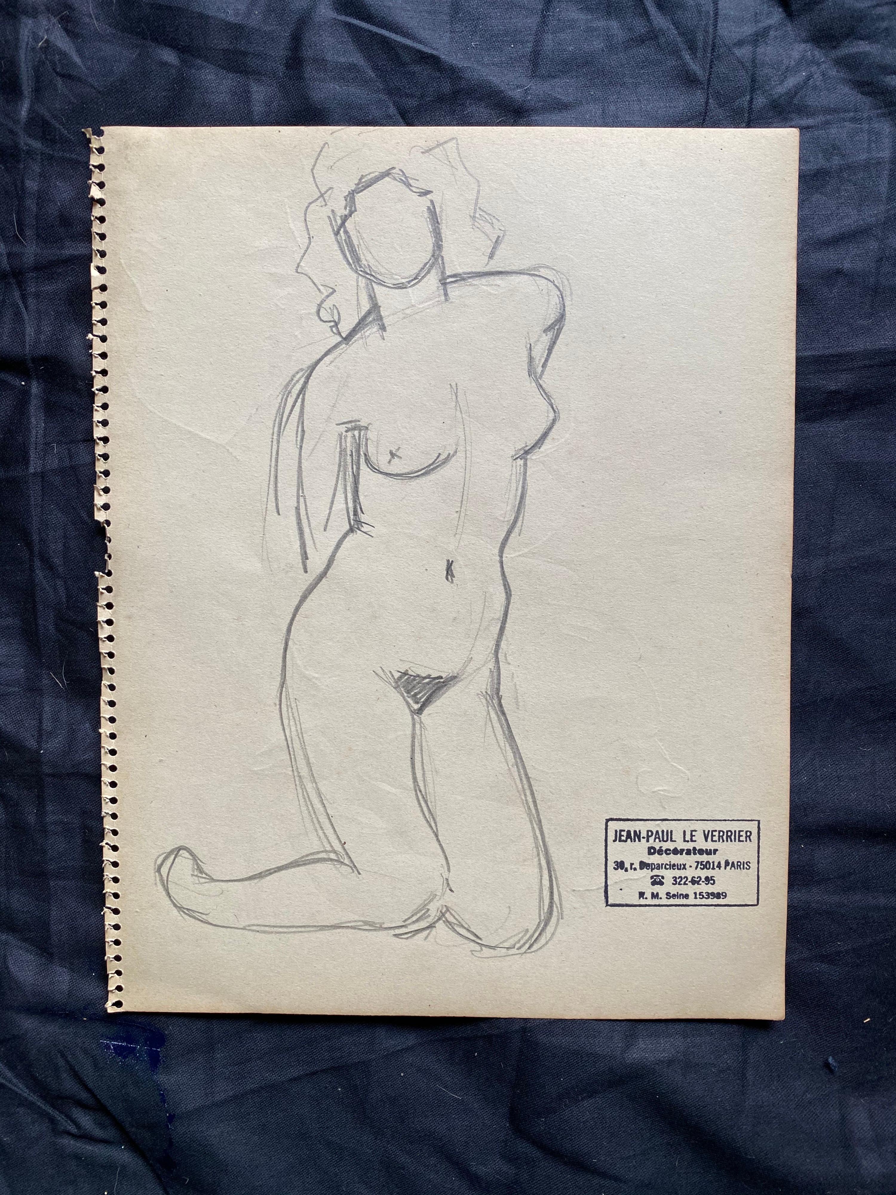 Mid 20th century French Original Line Drawing sketch Nude Female- Stamped - Impressionist Art by Jean-Paul le Verrier