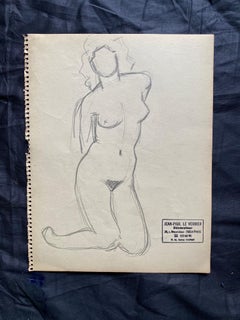 Mid 20th century French Original Line Drawing sketch Nude Female- Stamped