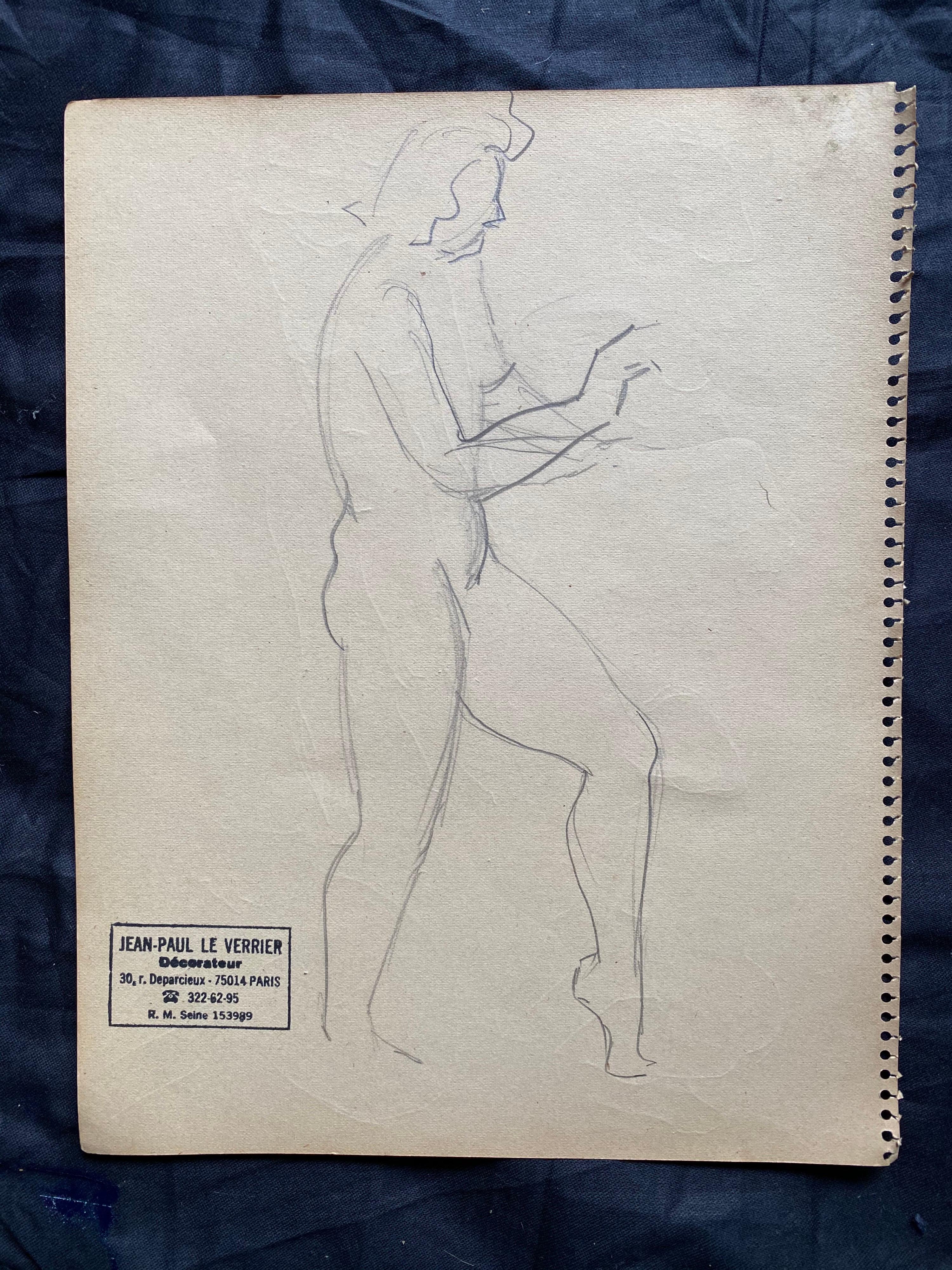 Mid 20th century French Original Line Drawing sketch Nude Female- Stamped - Impressionist Art by Jean-Paul le Verrier