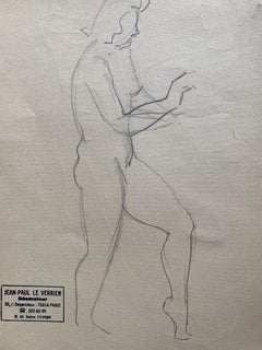 Mid 20th century French Original Line Drawing sketch Nude Female- Stamped