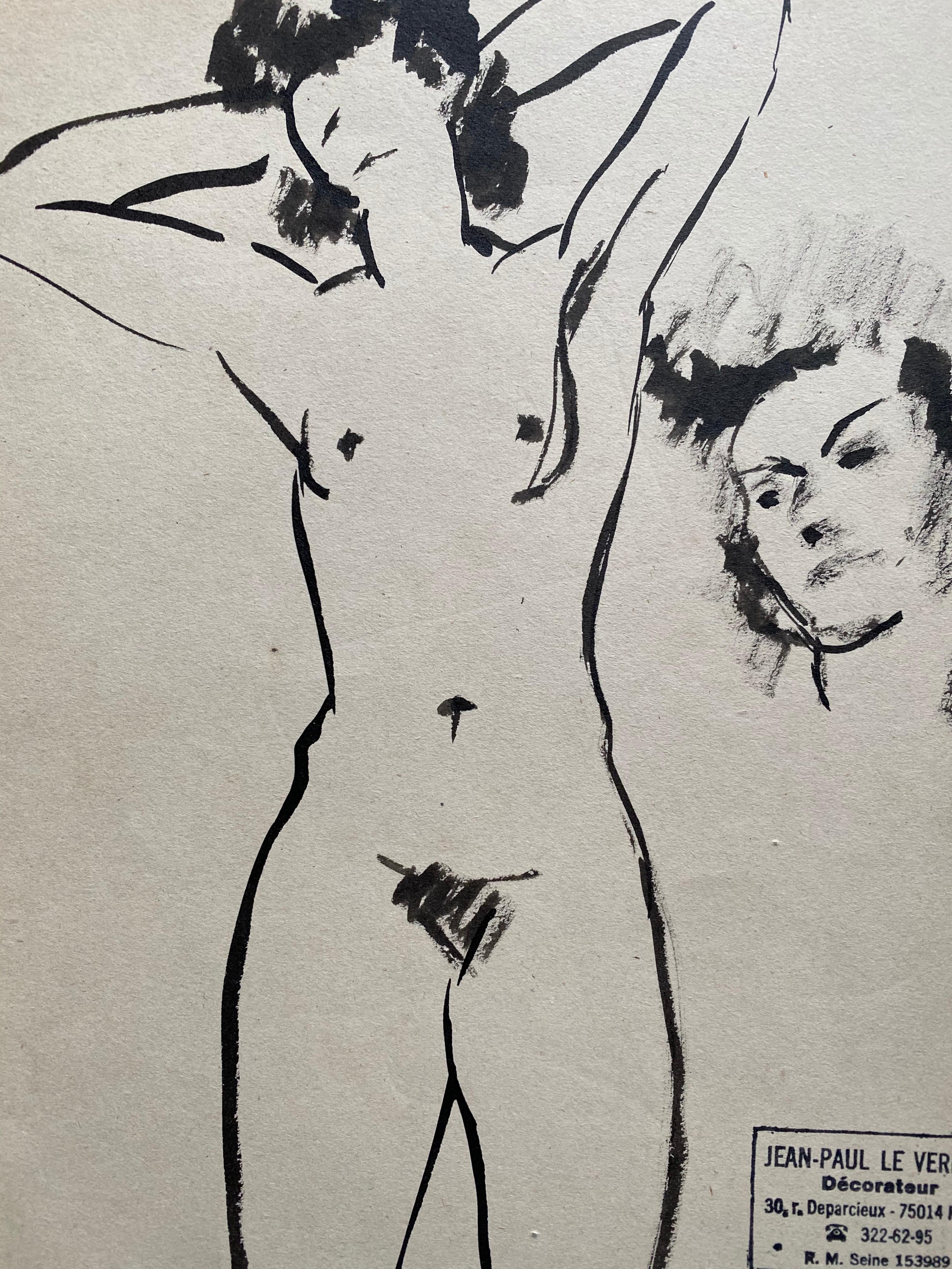 Mid 20th century French Original Line Drawing sketch Nude Female - Stamped - Art by Jean-Paul le Verrier