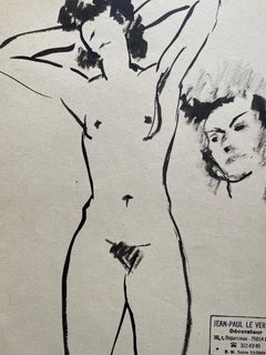Mid 20th century French Original Line Drawing sketch Nude Female - Stamped
