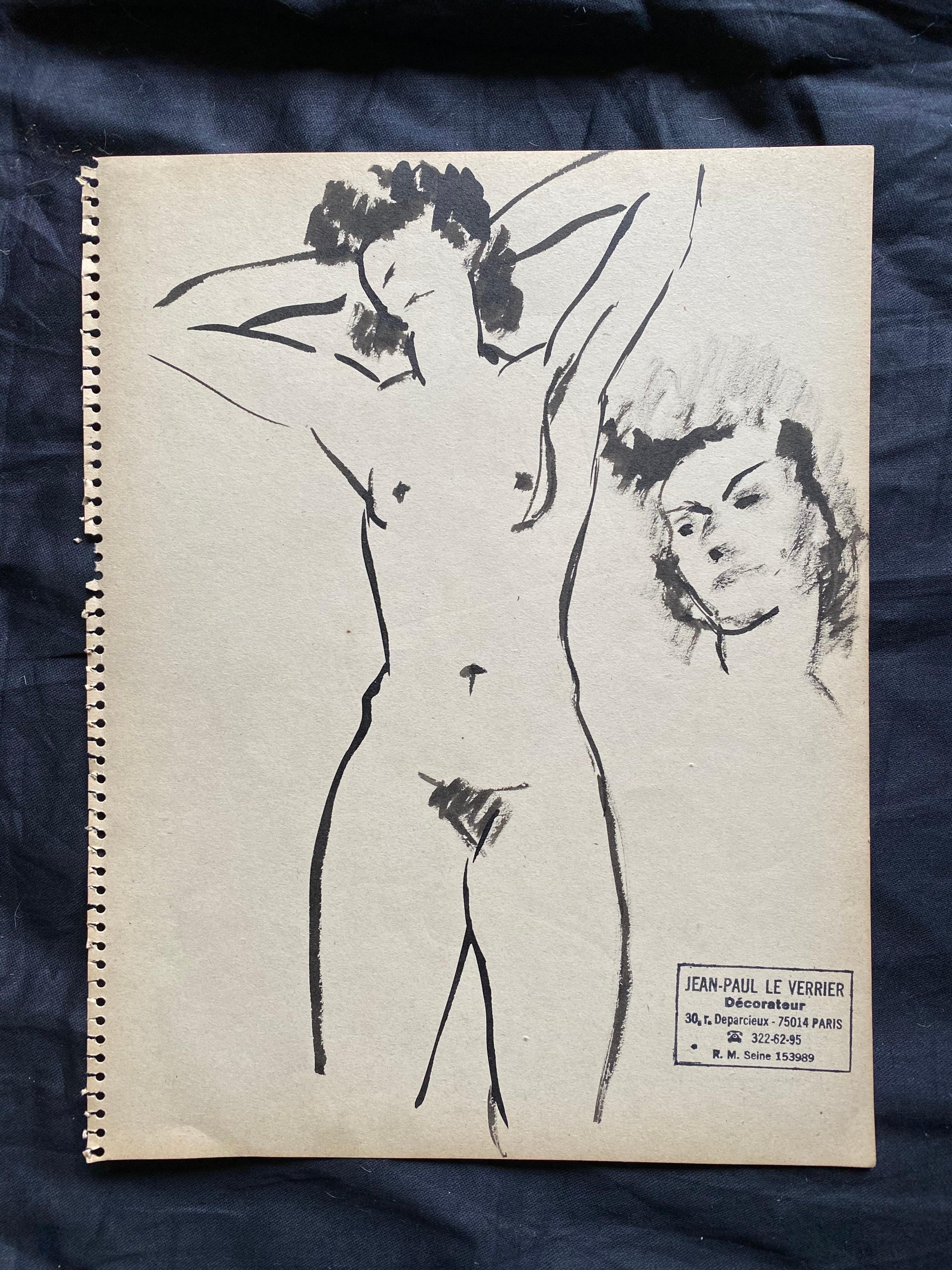 Mid 20th century French Original Line Drawing sketch Nude Female - Stamped - Impressionist Art by Jean-Paul le Verrier