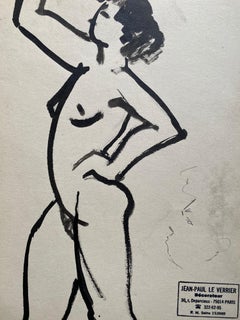 Mid 20th century French Original Line Drawing sketch Nude Female - Stamped