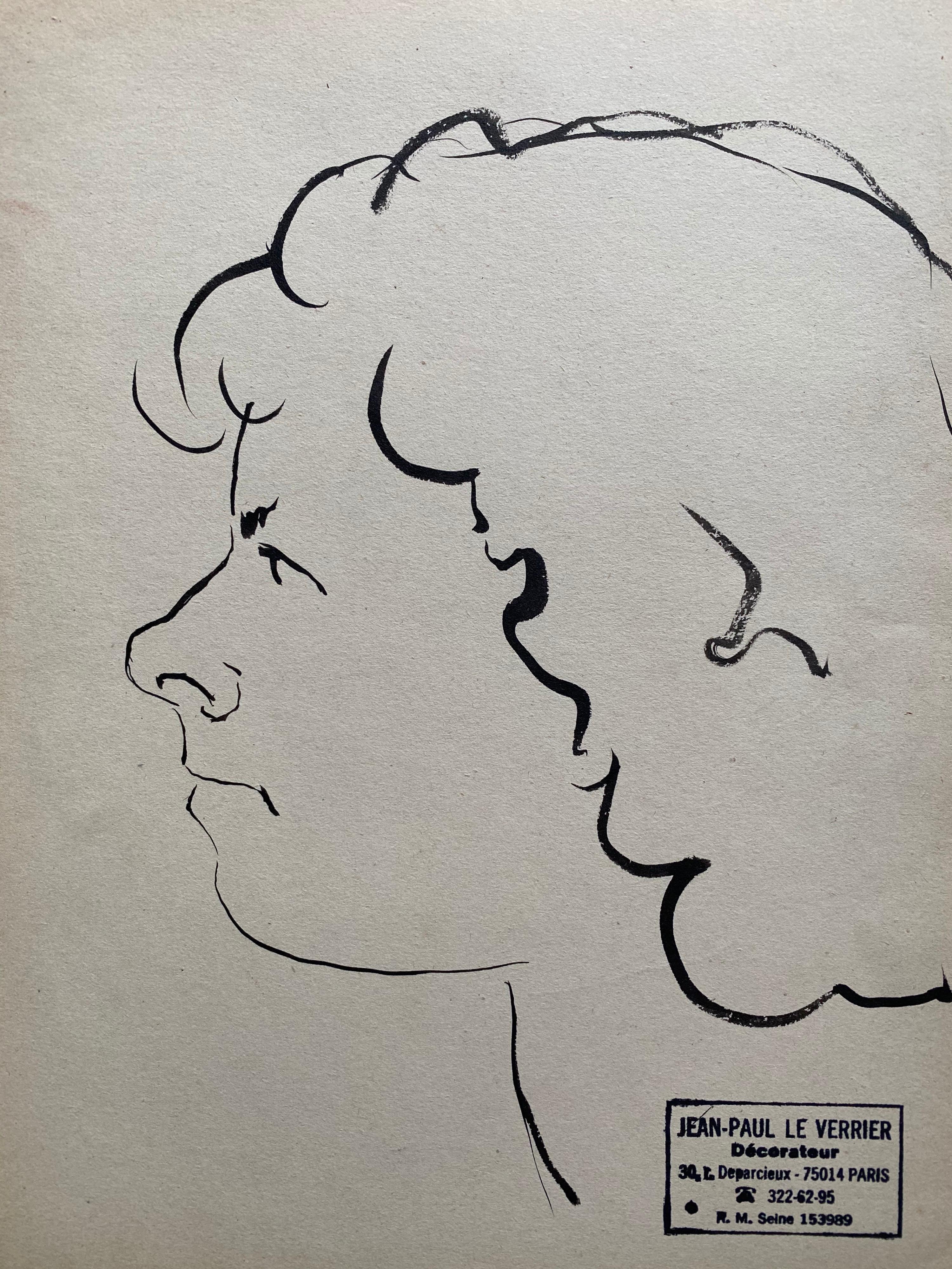 Mediados del siglo XX French Original Line Drawing sketch Portrait Female