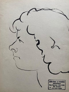 Mediados del siglo XX French Original Line Drawing sketch Portrait Female