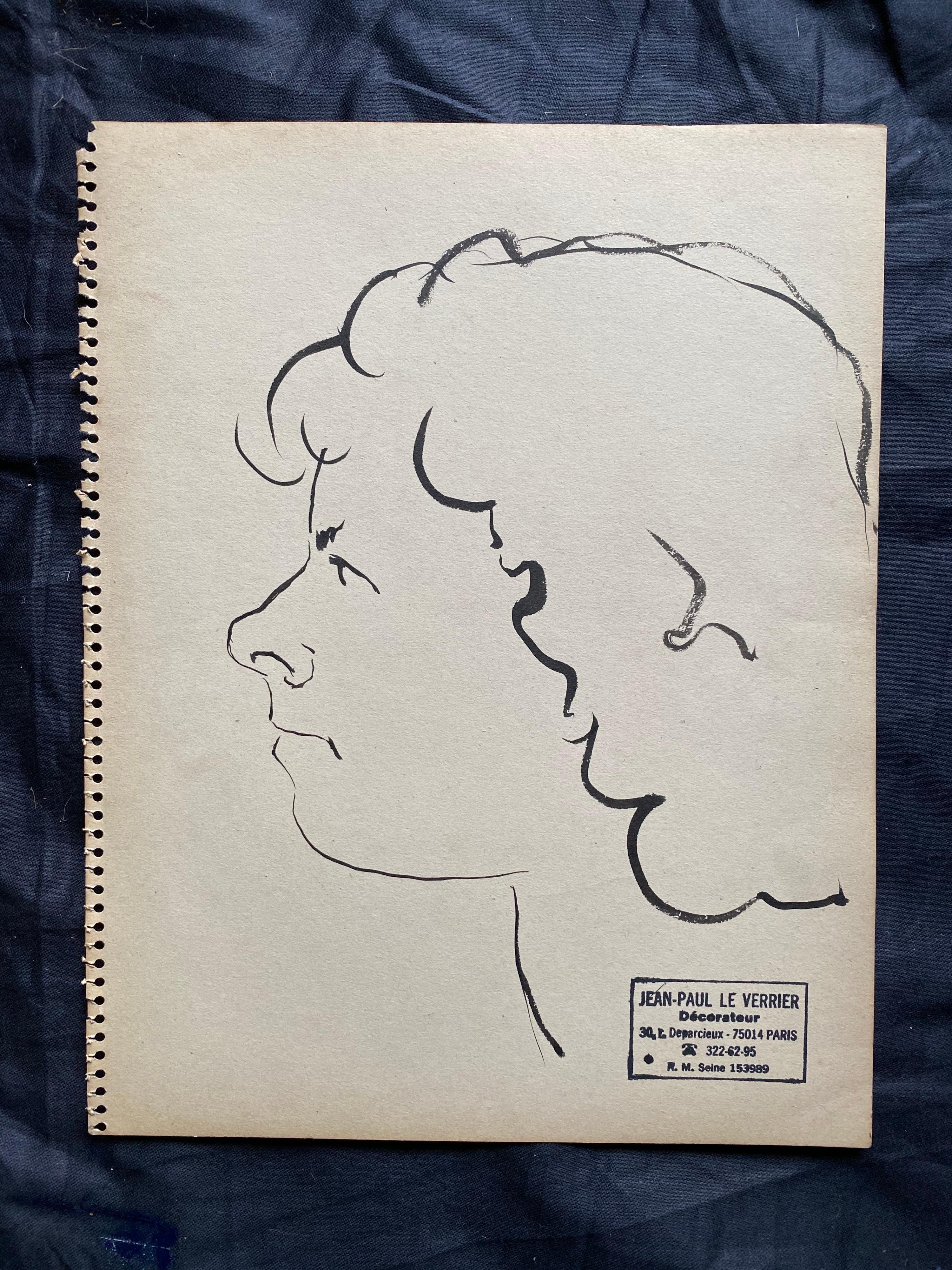 Mid 20th century French Original Line Drawing sketch Portrait Female - Art by Jean-Paul le Verrier
