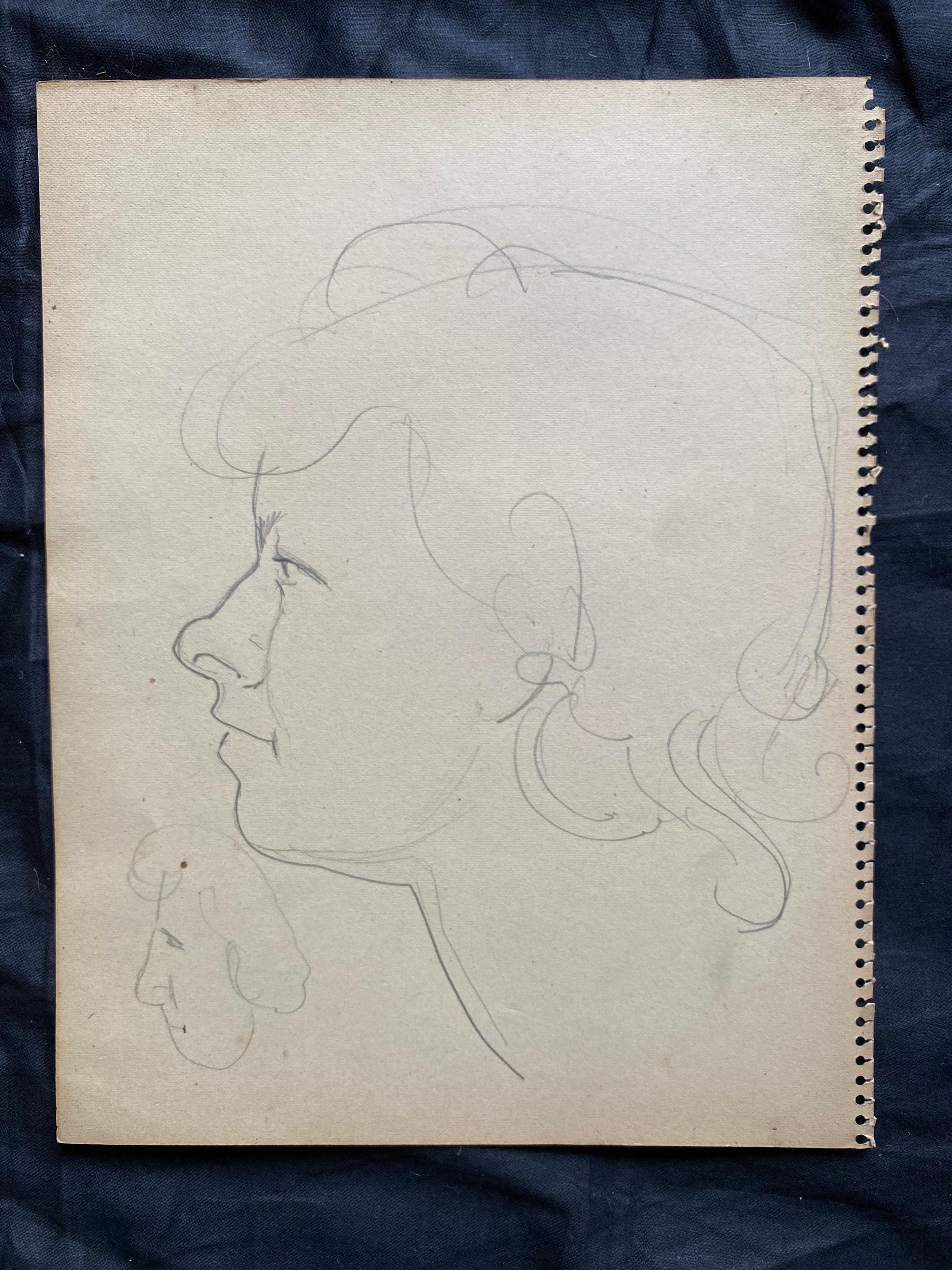 Mid 20th century French Original Line Drawing sketch Portrait Female - Impressionist Art by Jean-Paul le Verrier