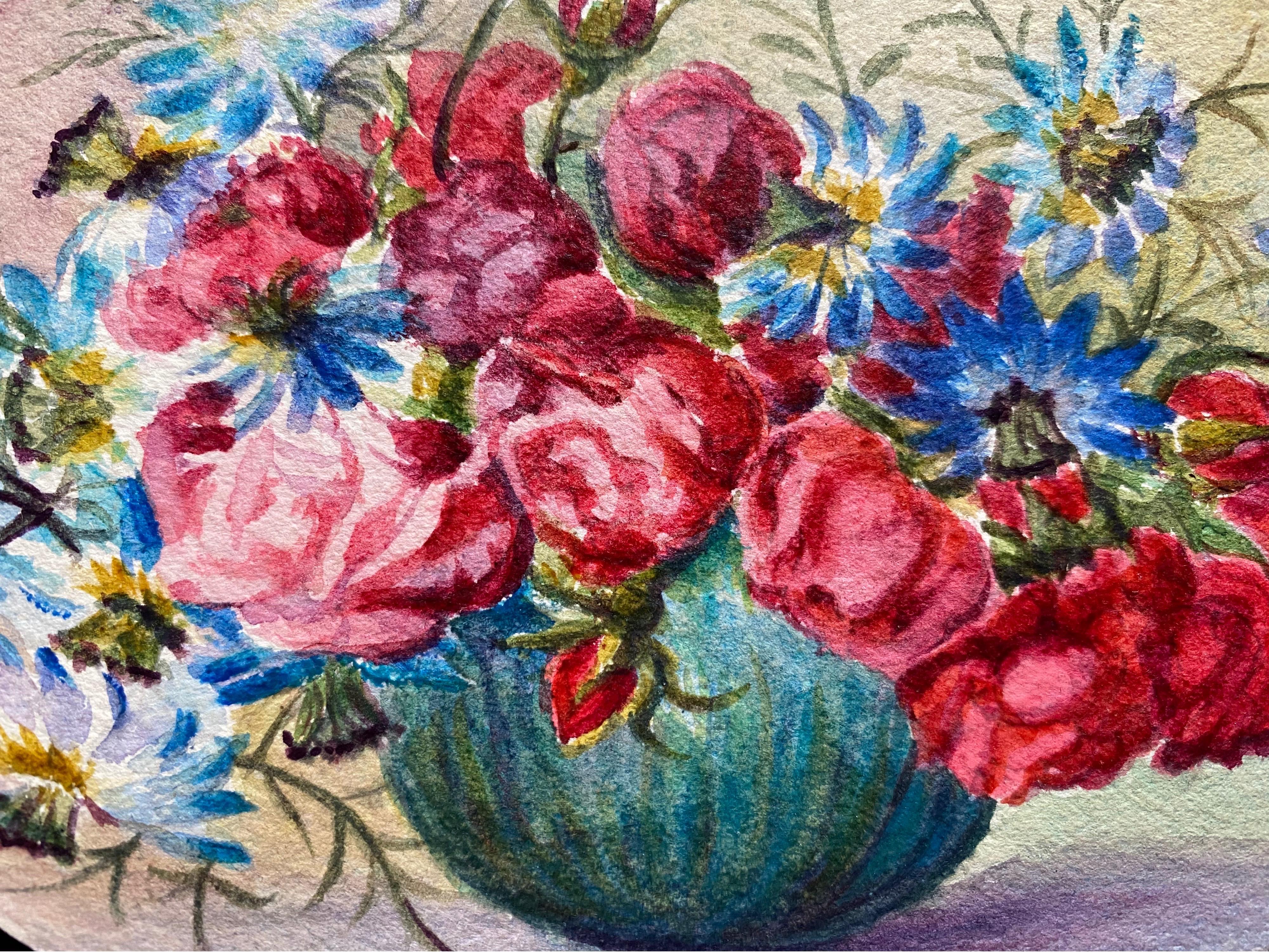 Early 1900's French Impressionist Signed Flower Watercolour by Marie Carreau - Gray Still-Life by Marie-Amelie Chautard-Carreau