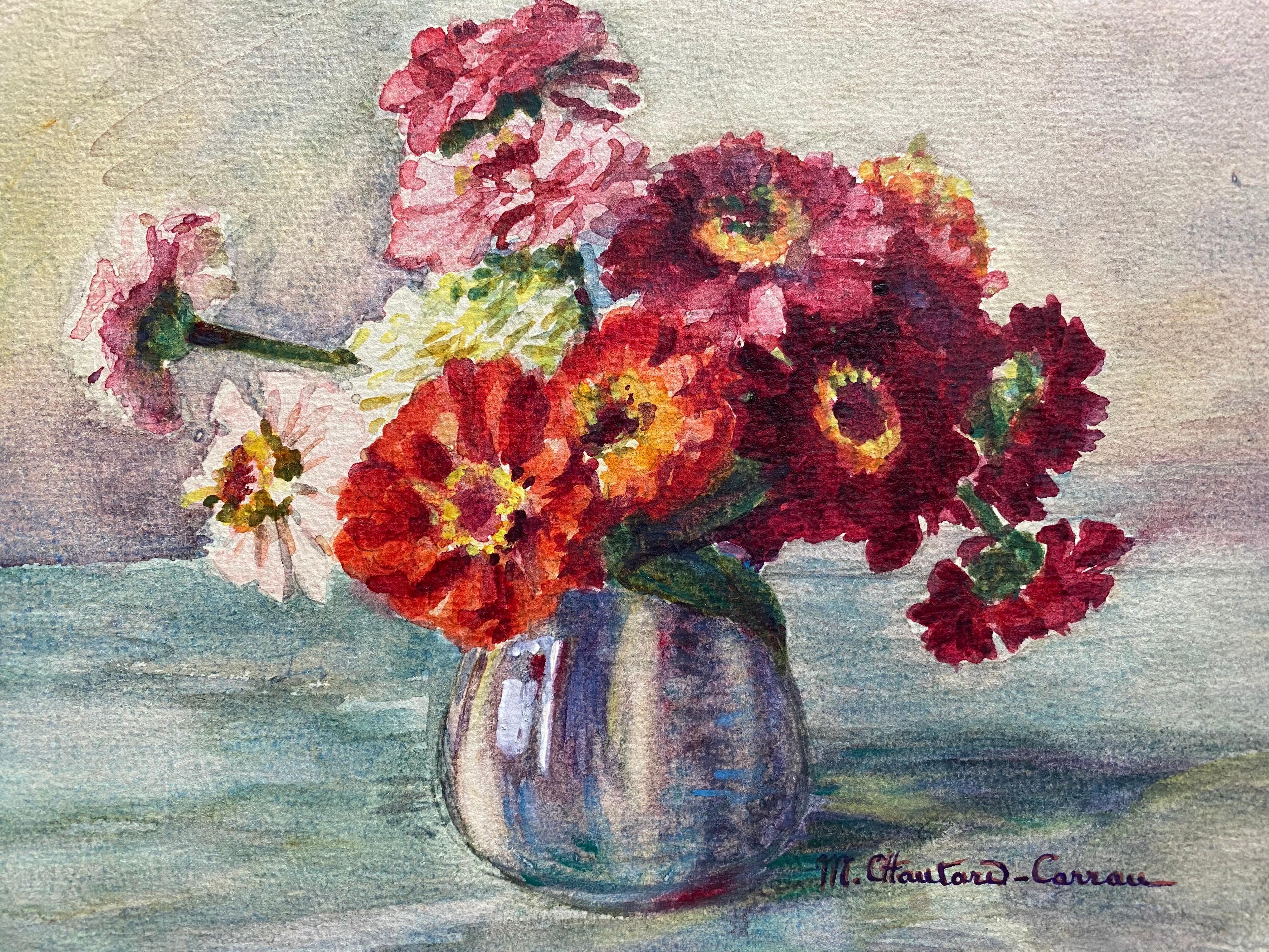 Early 1900's French Impressionist Signed Flower Watercolour by Marie Carreau - Art by Marie-Amelie Chautard-Carreau