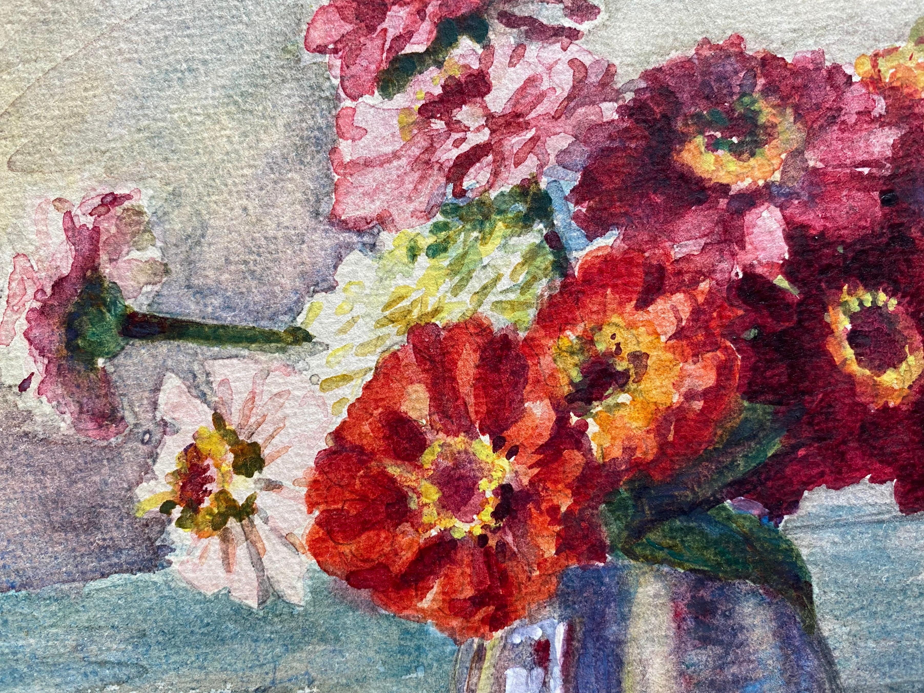 Early 1900's French Impressionist Signed Flower Watercolour by Marie Carreau - Gray Still-Life by Marie-Amelie Chautard-Carreau