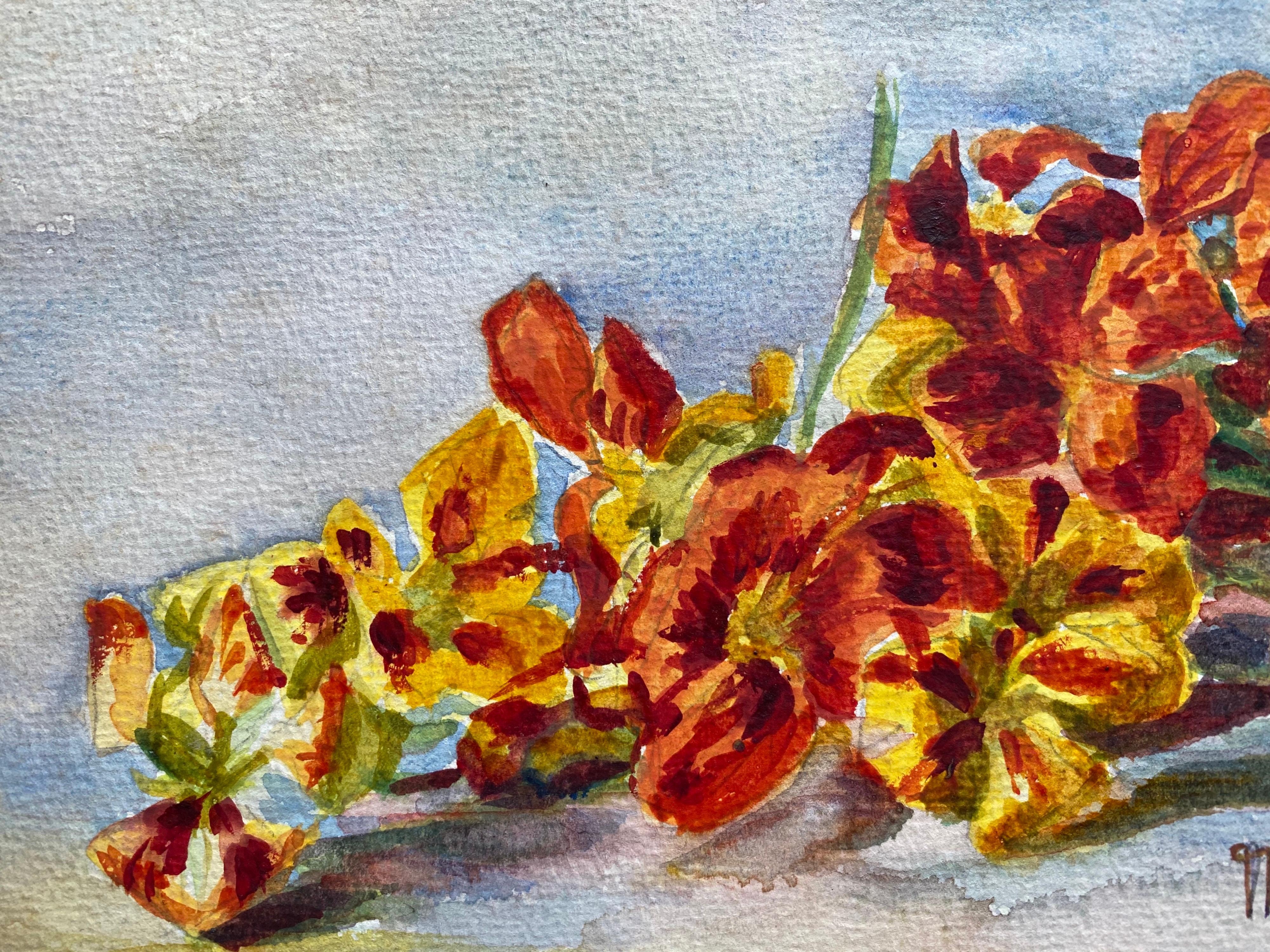 Early 1900's French Impressionist Signed Flower Watercolour by Marie Carreau - Beige Still-Life by Marie-Amelie Chautard-Carreau