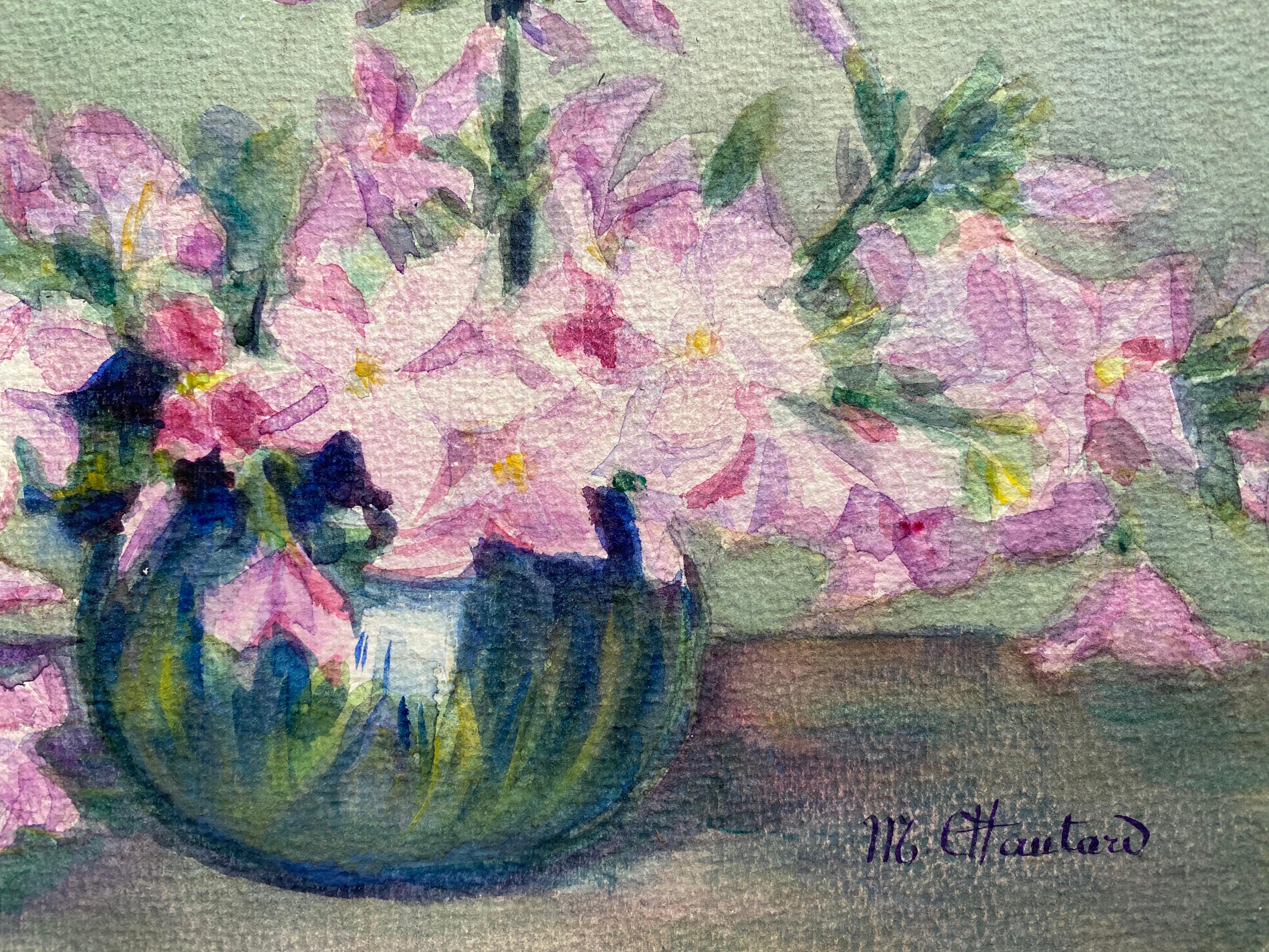 Early 1900's French Impressionist Signed Flower Watercolour by Marie Carreau - Gray Still-Life by Marie-Amelie Chautard-Carreau