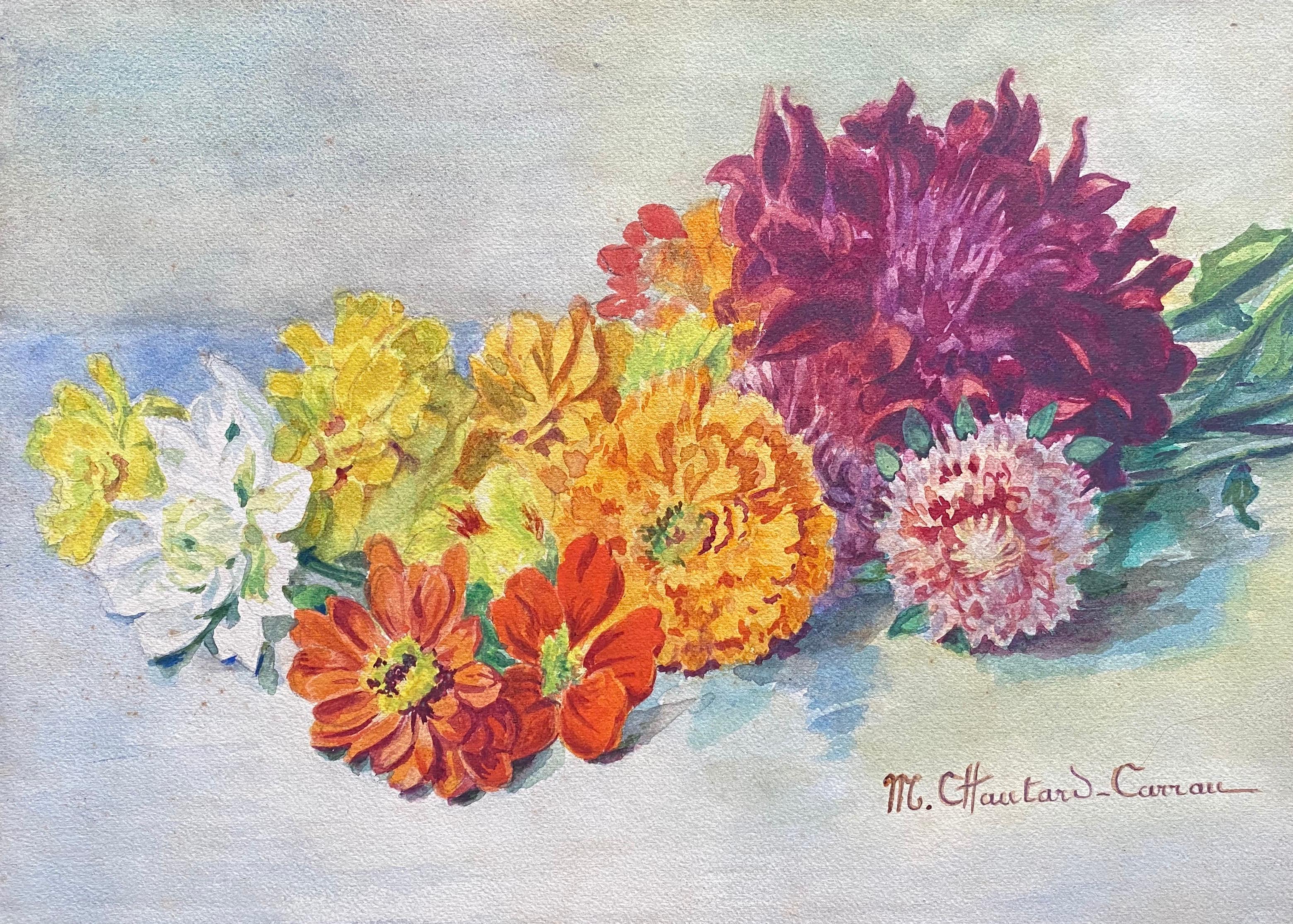 Early 1900's French Impressionist Signed Flower Watercolour by Marie Carreau - Beige Still-Life Painting by Marie-Amelie Chautard-Carreau