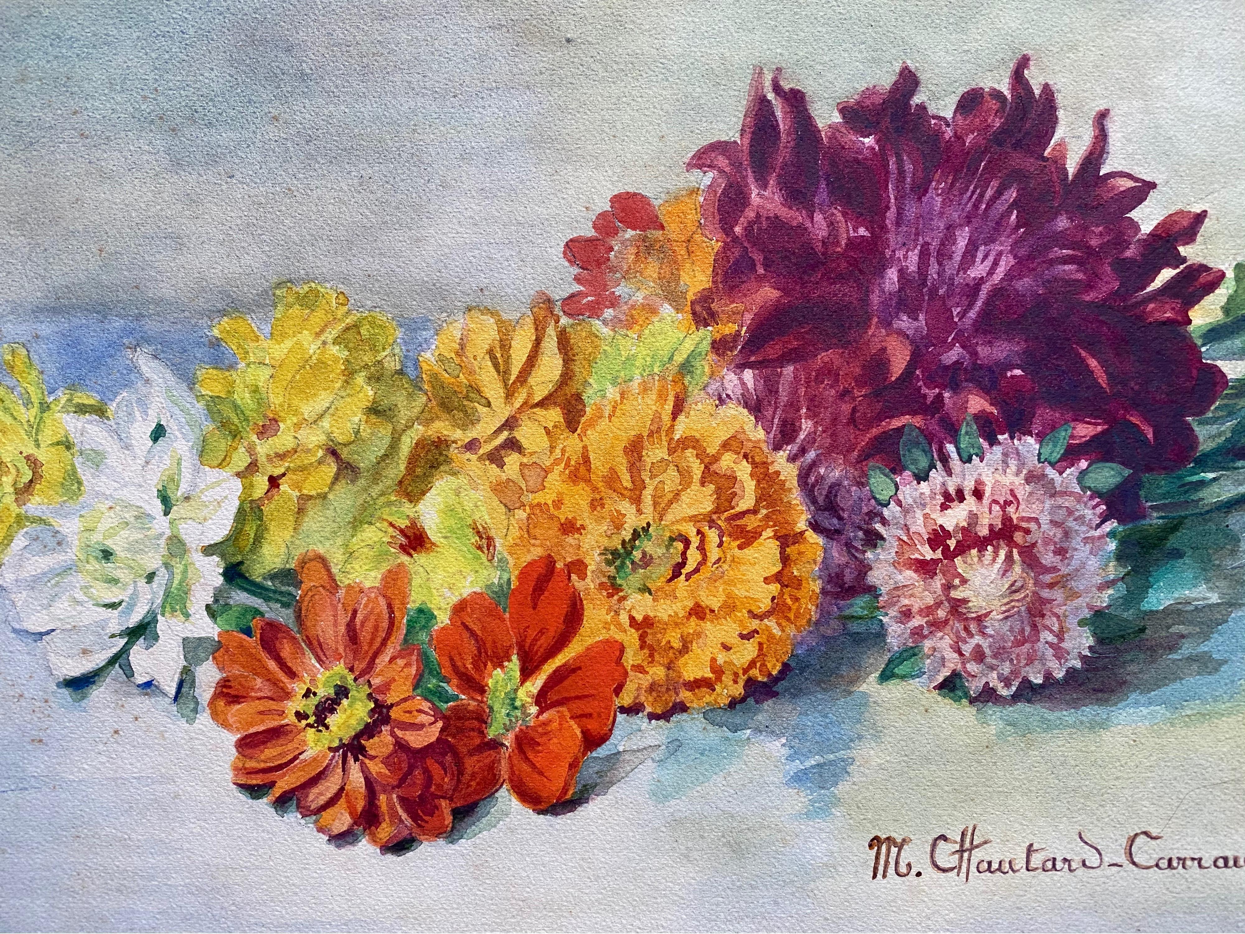 Marie-Amelie Chautard-Carreau Still-Life Painting - Early 1900's French Impressionist Signed Flower Watercolour by Marie Carreau