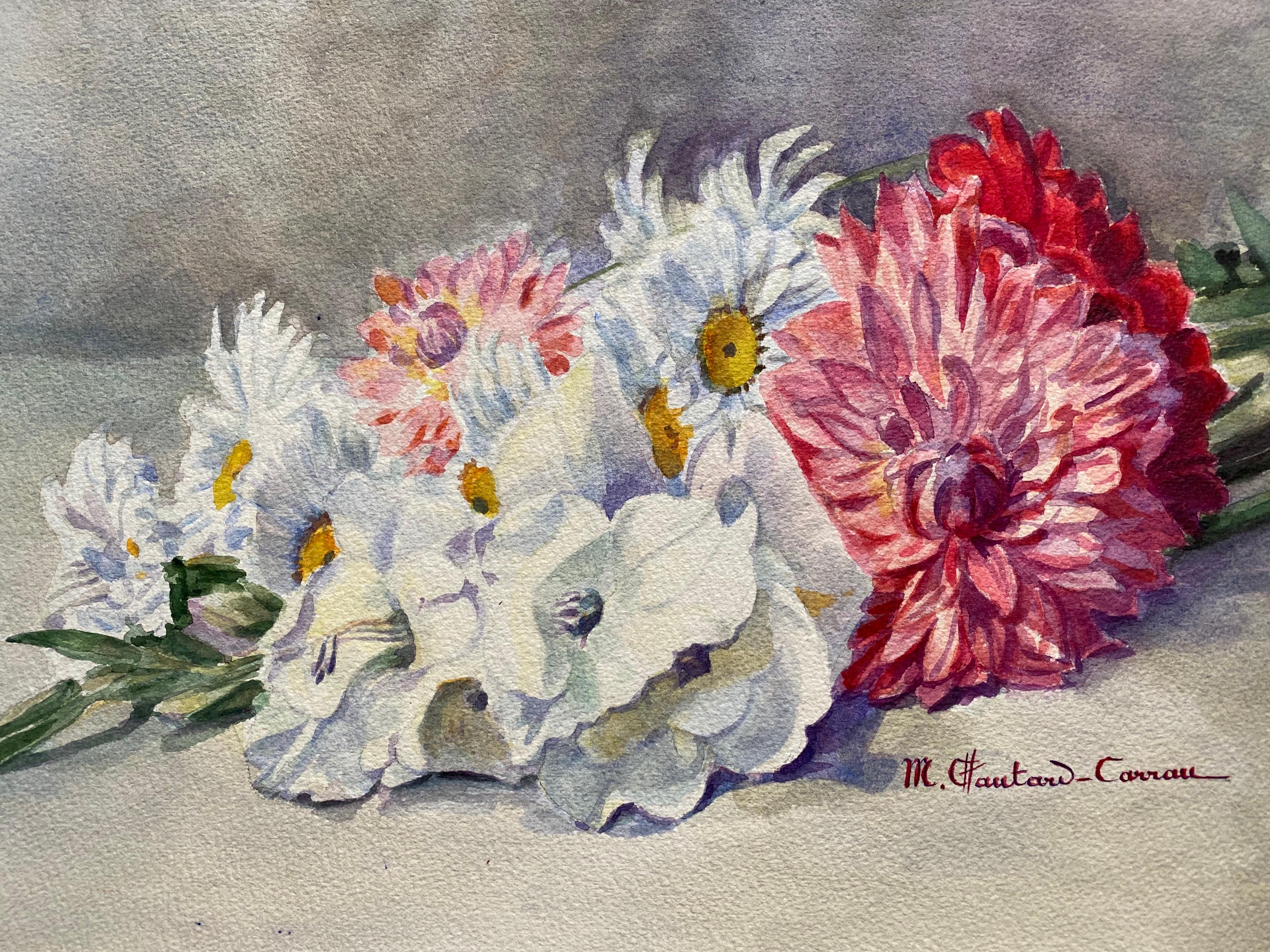 Early 1900's French Impressionist Signed Flower Watercolour by Marie Carreau - Painting by Marie-Amelie Chautard-Carreau