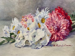 Early 1900's French Impressionist Signed Flower Watercolour by Marie Carreau