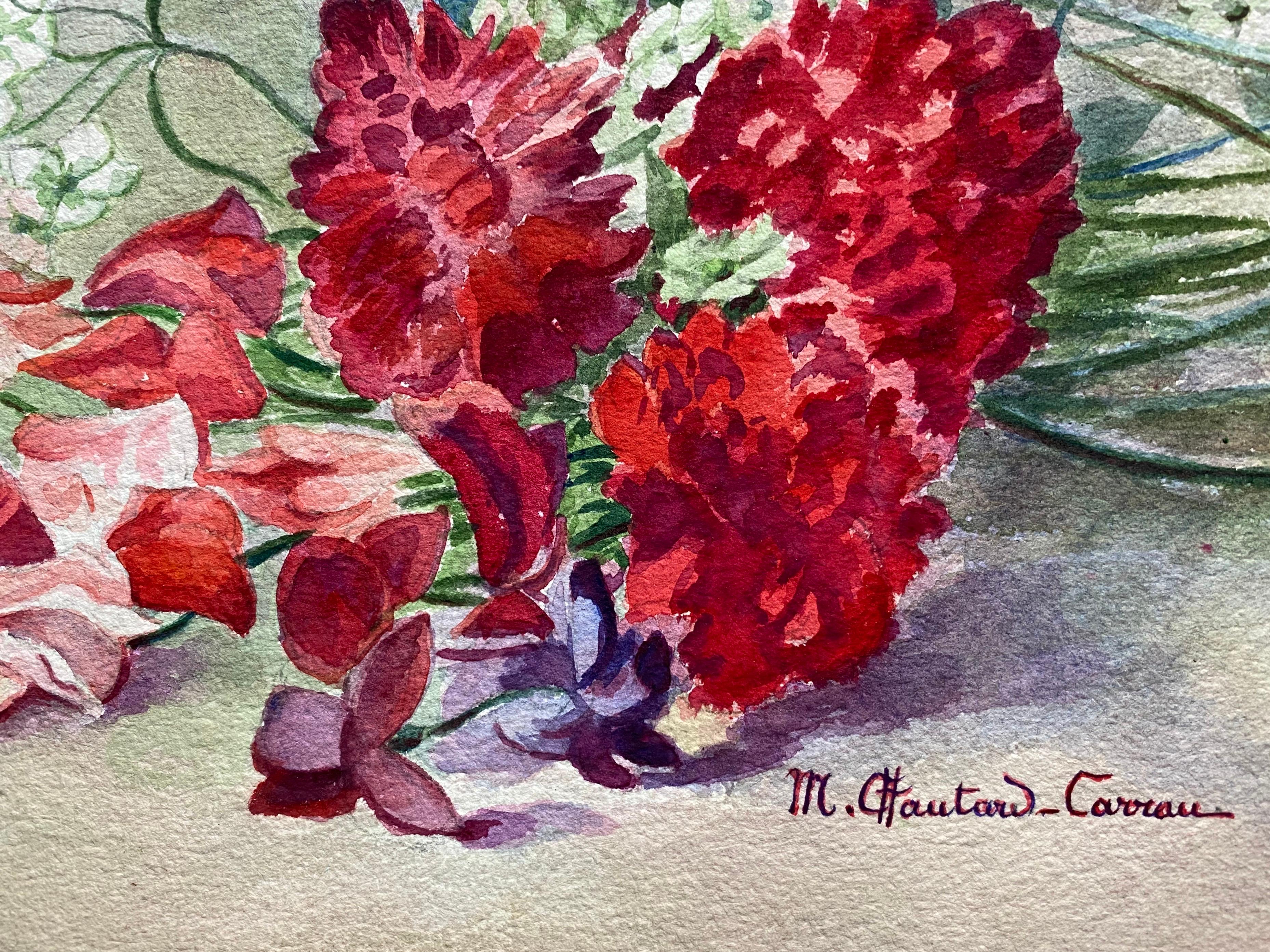 Early 1900's French Impressionist Signed Flower Watercolour by Marie Carreau - Brown Still-Life by Marie-Amelie Chautard-Carreau