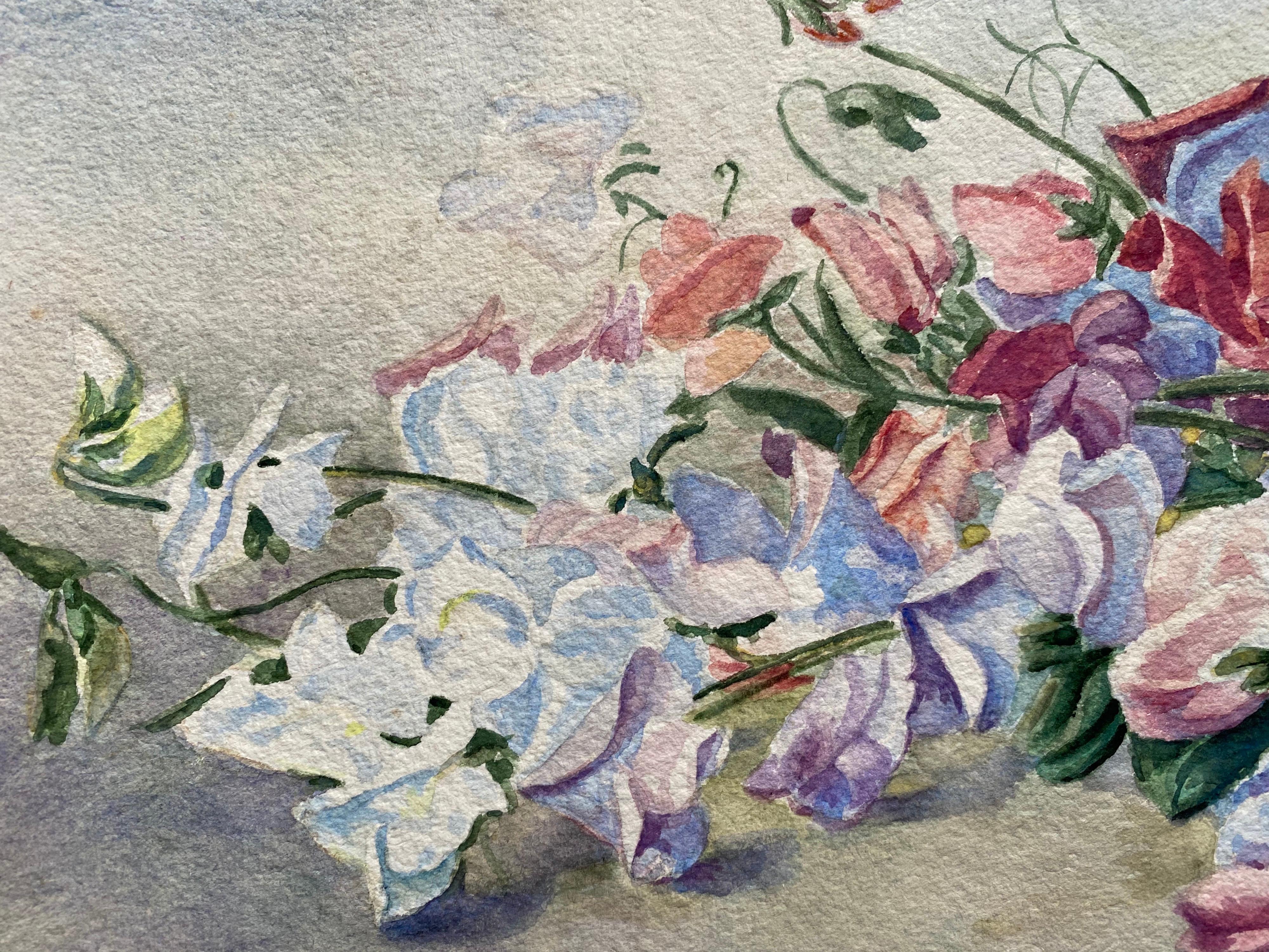 Aquarelle à fleurs signée de Marie Carreau, impressionniste française, début des années 1900 - Gris Still-Life par Marie-Amelie Chautard-Carreau