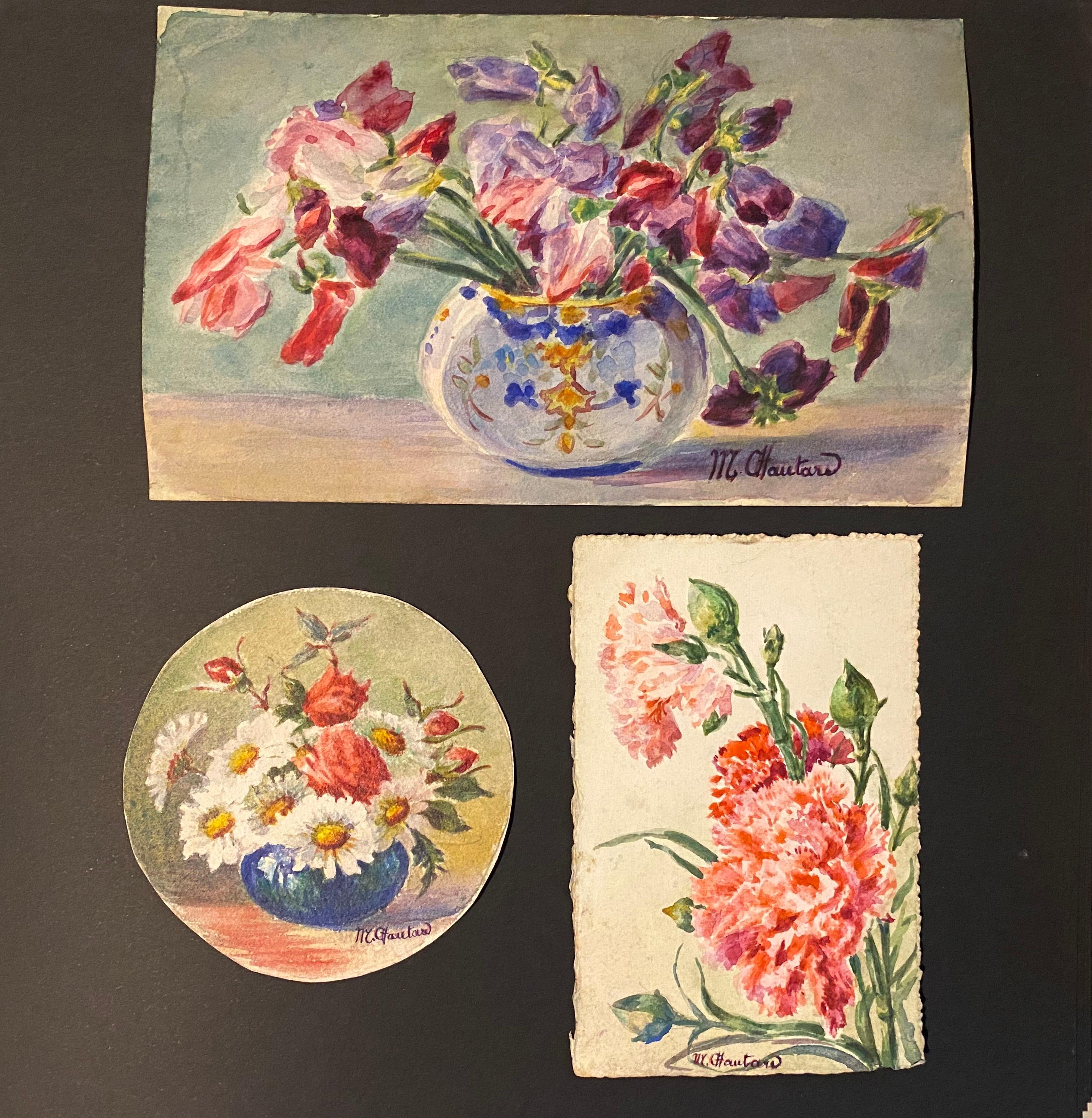3 x  1900's French Impressionist Signed Flower Watercolours by Marie Carreau