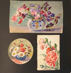 3 x  Aquarelles de fleurs impressionnistes françaises des années 1900 signées Marie Carreau