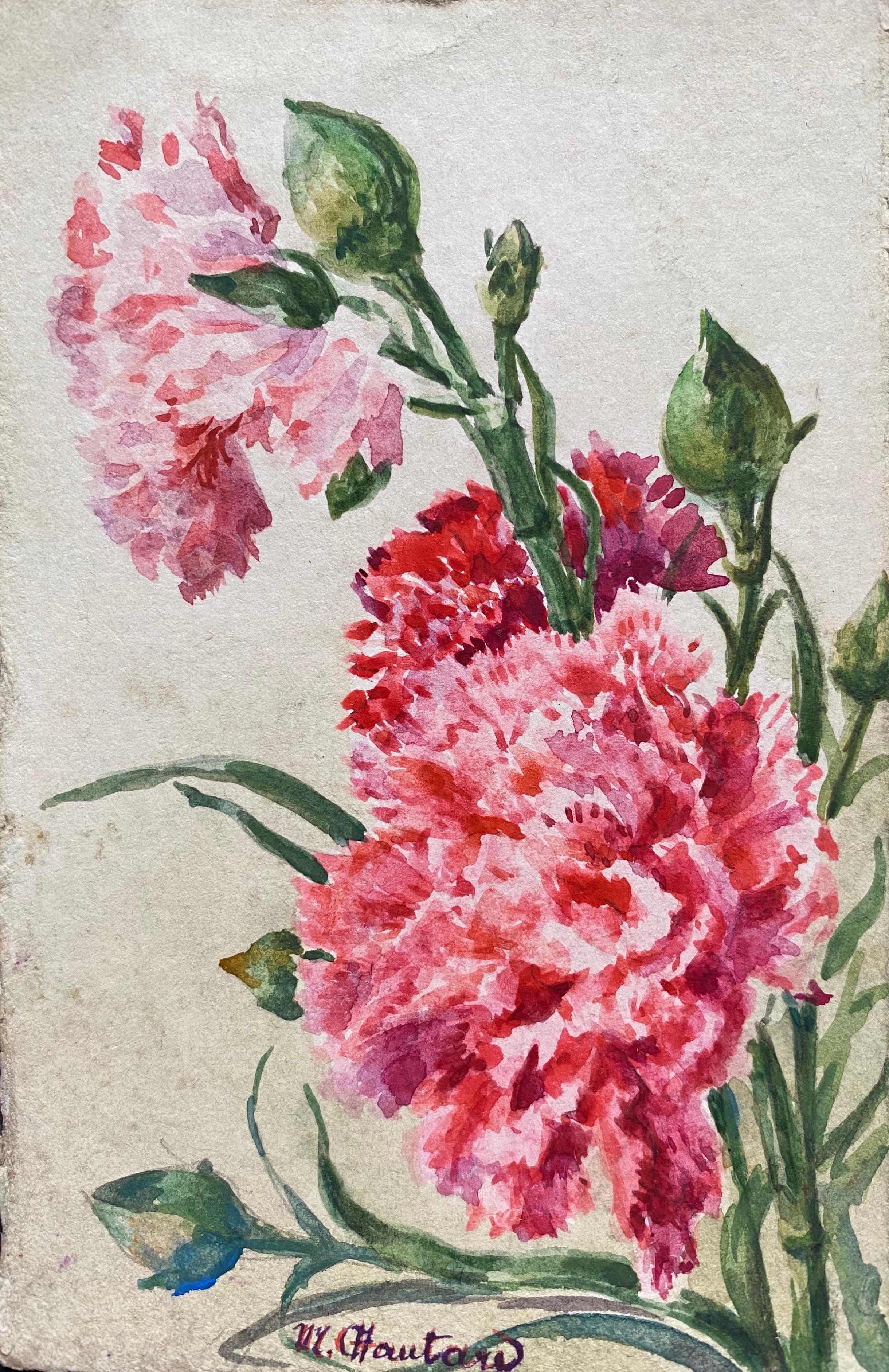 3 x  Aquarelles de fleurs impressionnistes françaises des années 1900 signées Marie Carreau - Marron Still-Life par Marie-Amelie Chautard-Carreau