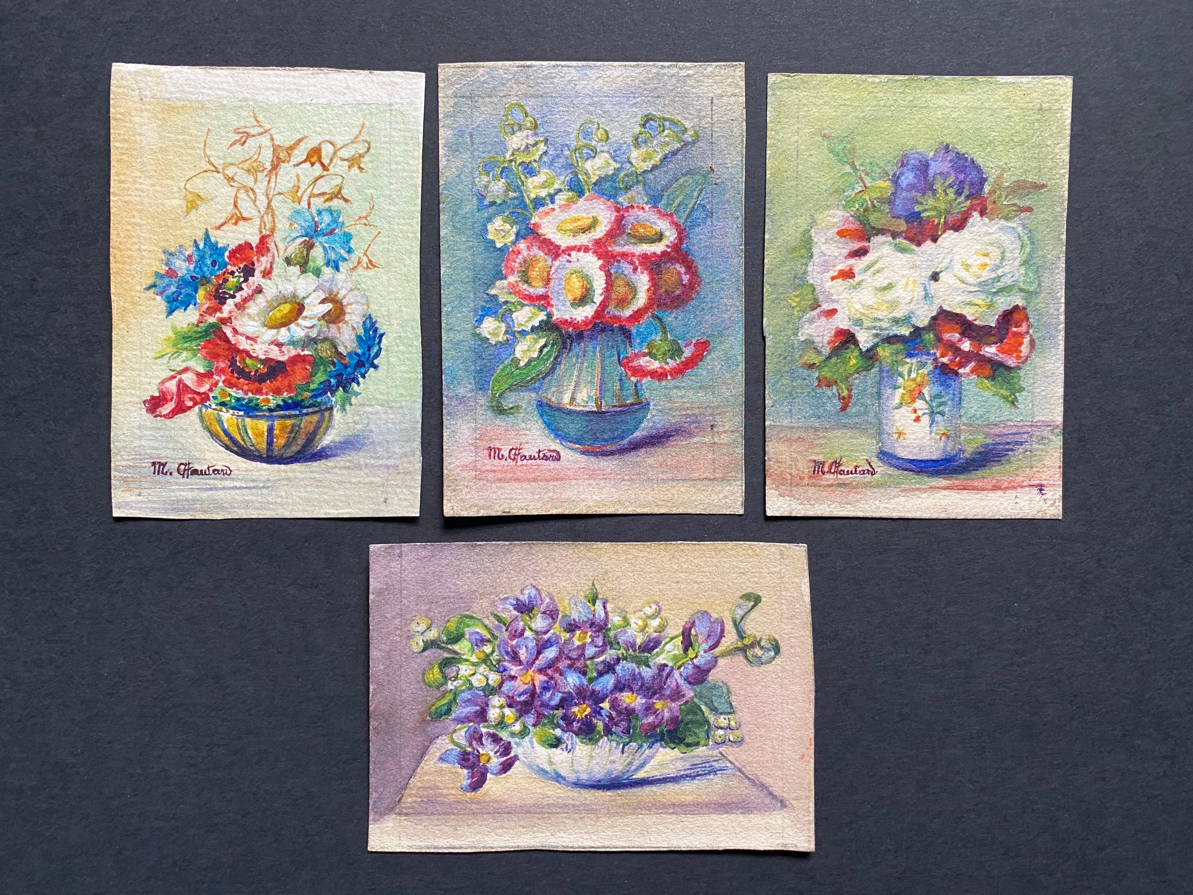 4 x Early 1900s French Impressionist Signed Flower Watercolours by Marie Carreau