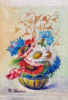 4 x Early 1900s French Impressionist Signed Flower Watercolours by Marie Carreau