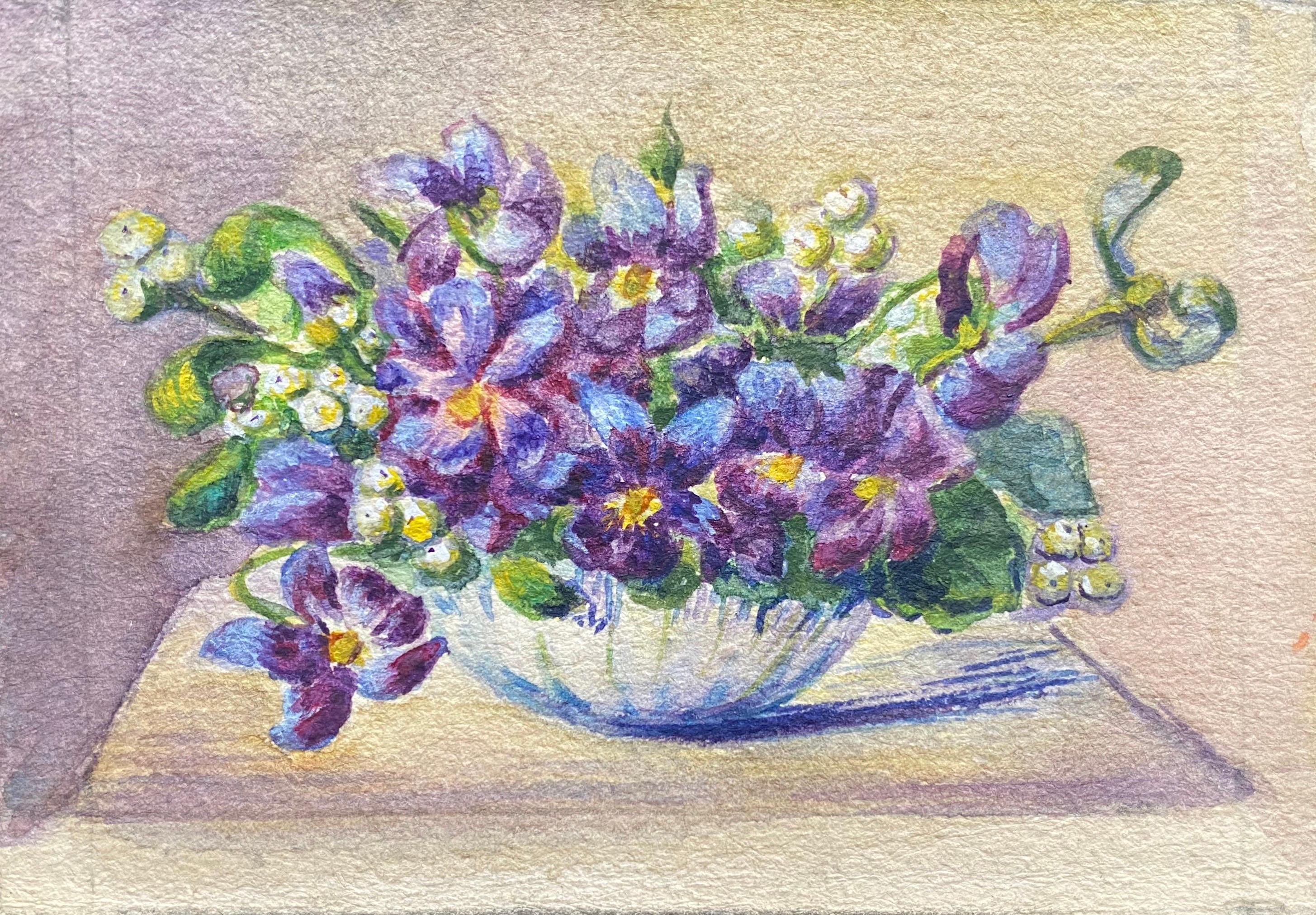 4 x Early 1900s French Impressionist Signed Flower Watercolours by Marie Carreau - Black Still-Life Painting by Marie-Amelie Chautard-Carreau