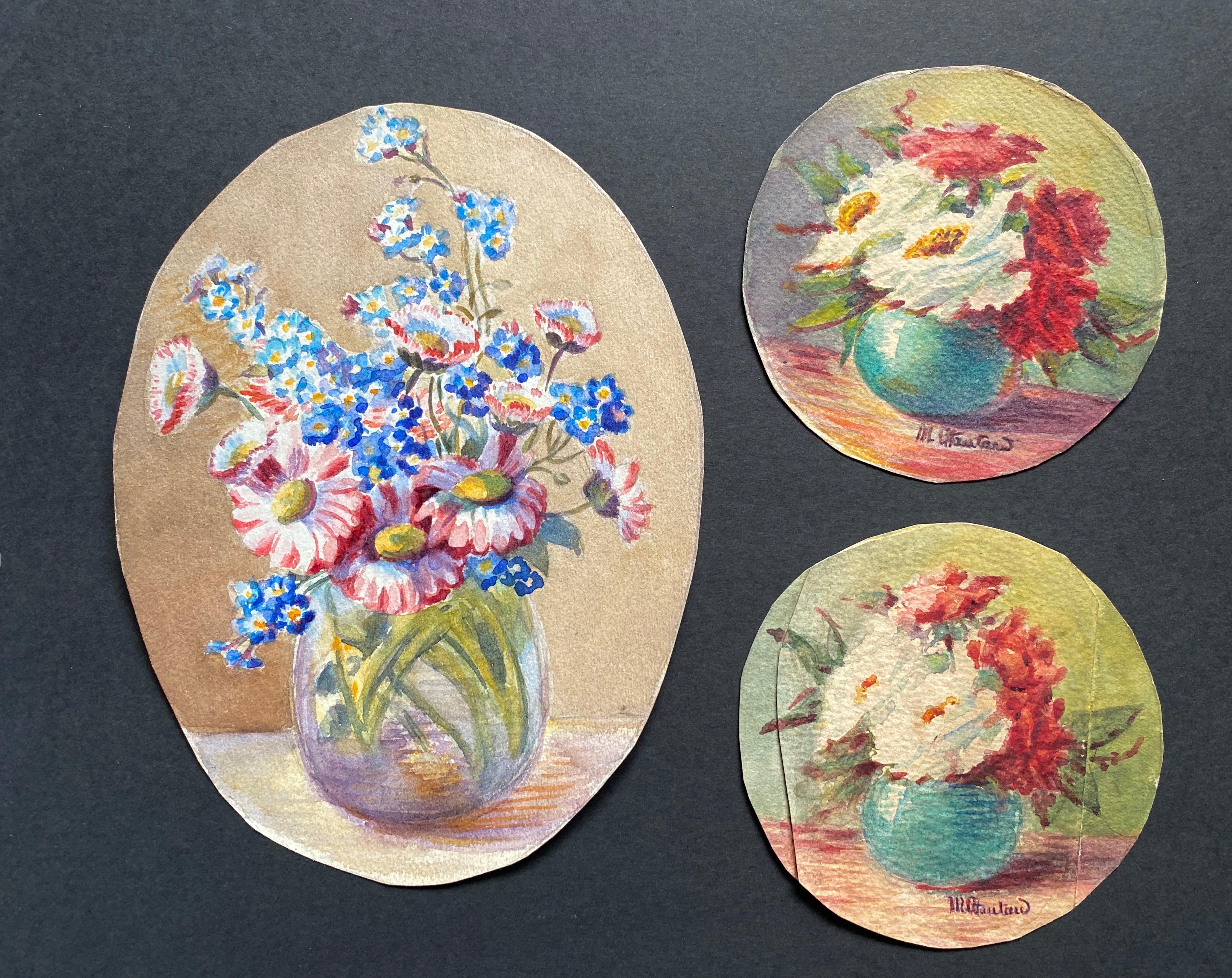 Aquarelles de fleurs signées par l'impressionniste française Marie Carreau du début des années 1900
