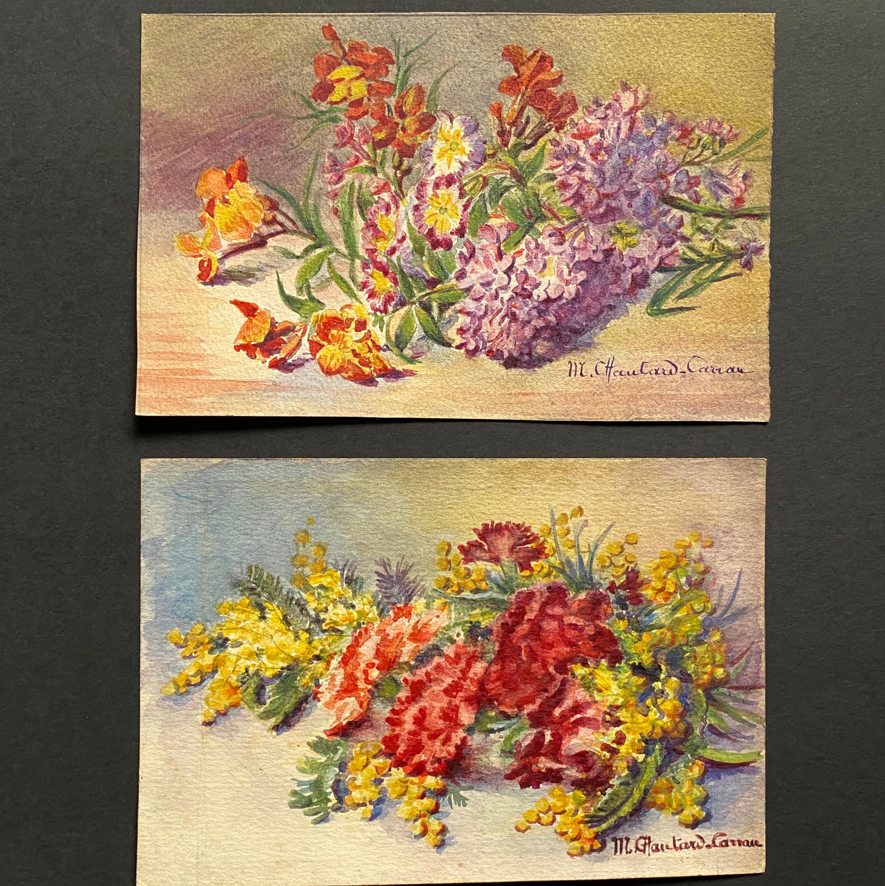 Early 1900's French Impressionist Signed Flower Watercolours y Marie Carreau
