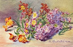 Early 1900's French Impressionist Signed Flower Watercolours y Marie Carreau