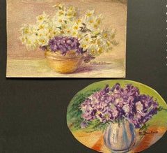 2 x Early 1900's French Impressionist Signed Flower Watercolours Marie Carreau