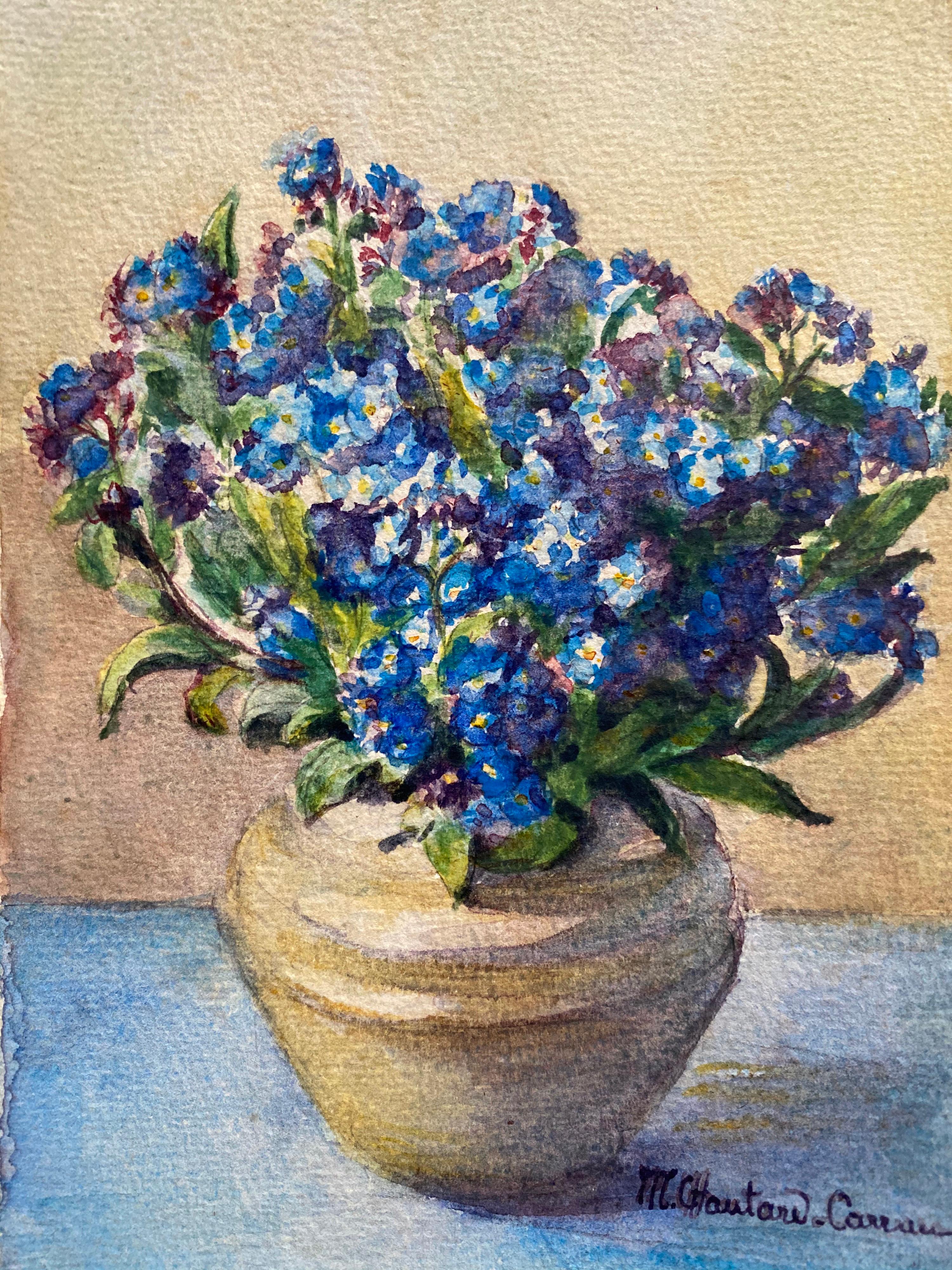 3 x Französische signierte Blumen-Aquarellbilder Marie Carreau, frühe 1900er Jahre – Painting von Marie-Amelie Chautard-Carreau