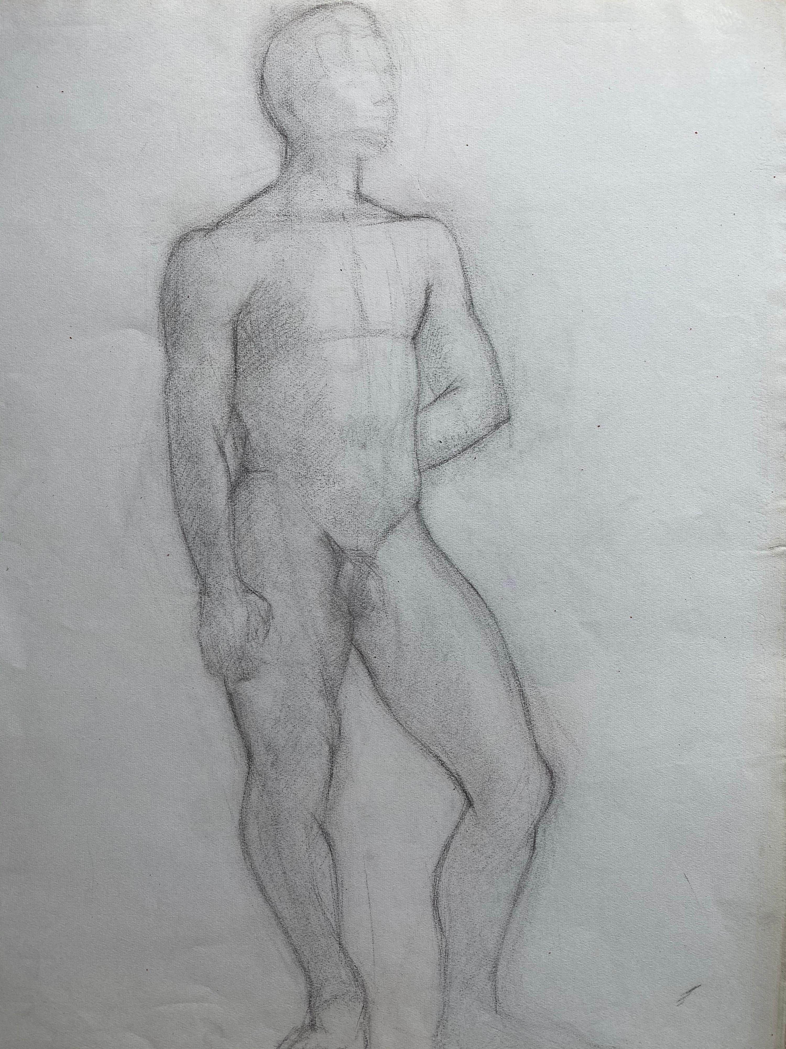 Mid 20th Century French Charcoal Drawing - Portrait of a Standing Nude Man - Post-Impressionist Art by GENEVIEVE ZONDERVAN (1922-2013)