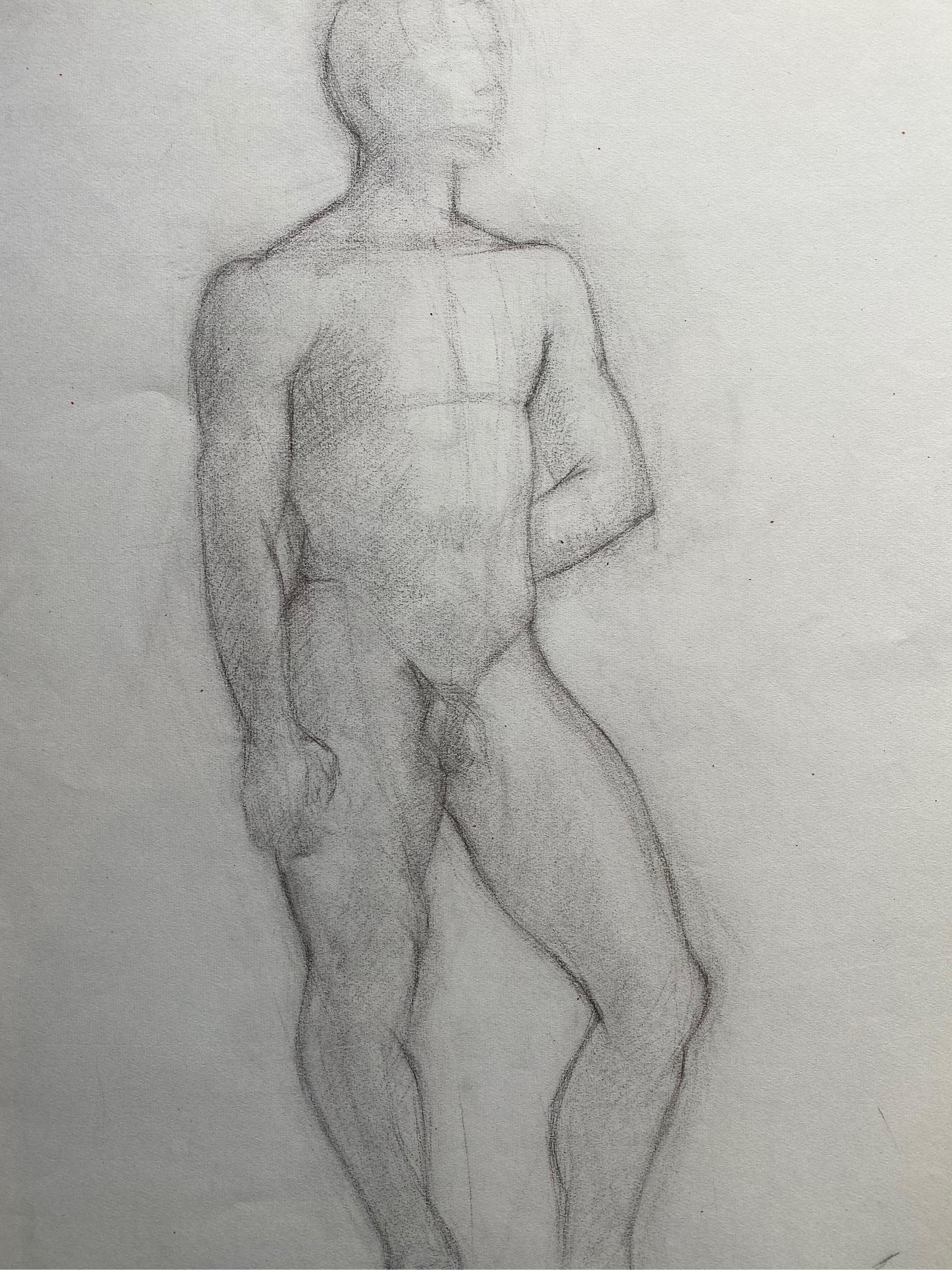 GENEVIEVE ZONDERVAN (1922-2013) Nude – Französische Kohlezeichnung aus der Mitte des 20. Jahrhunderts – Porträt eines stehenden nackten Mannes