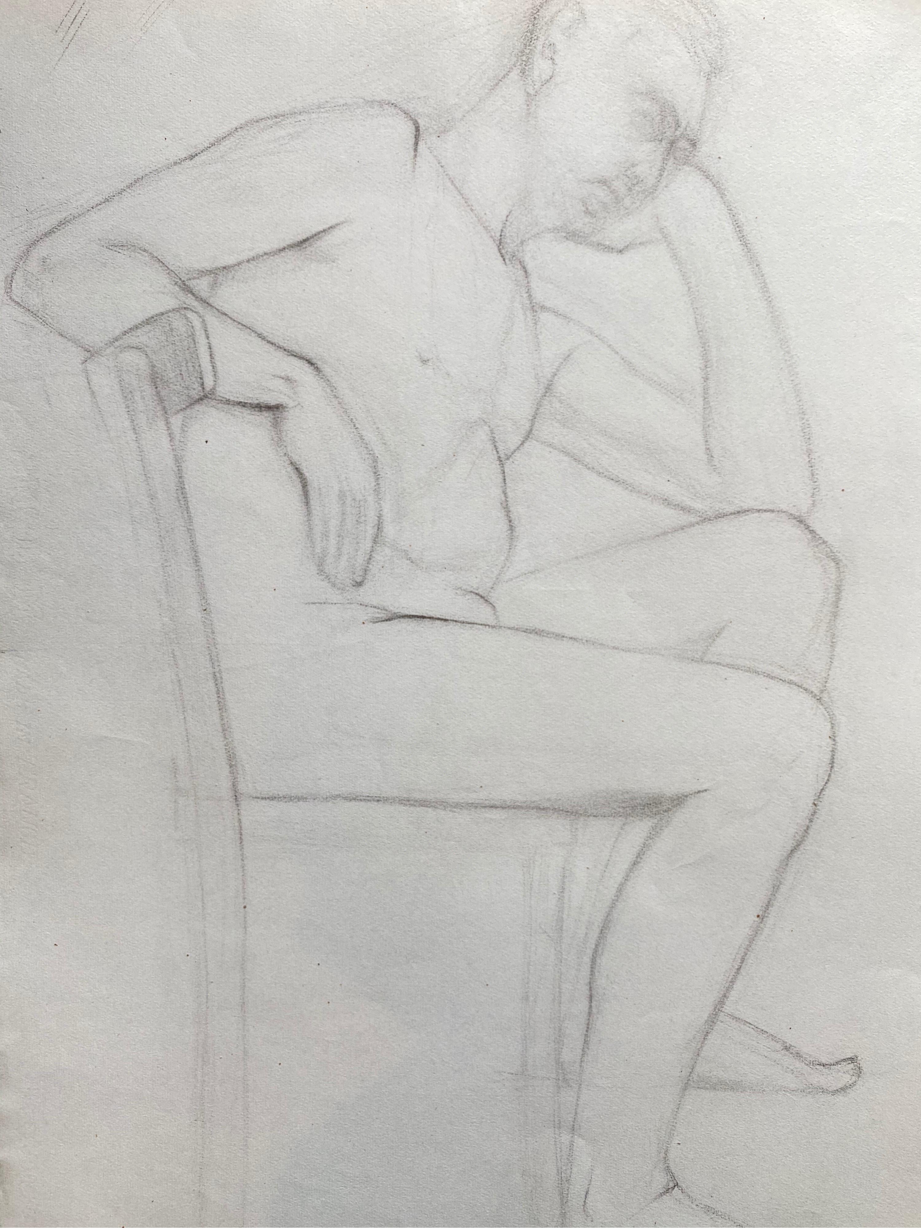 Drawing au fusain français du milieu du 20e siècle - Portrait d'un nu debout