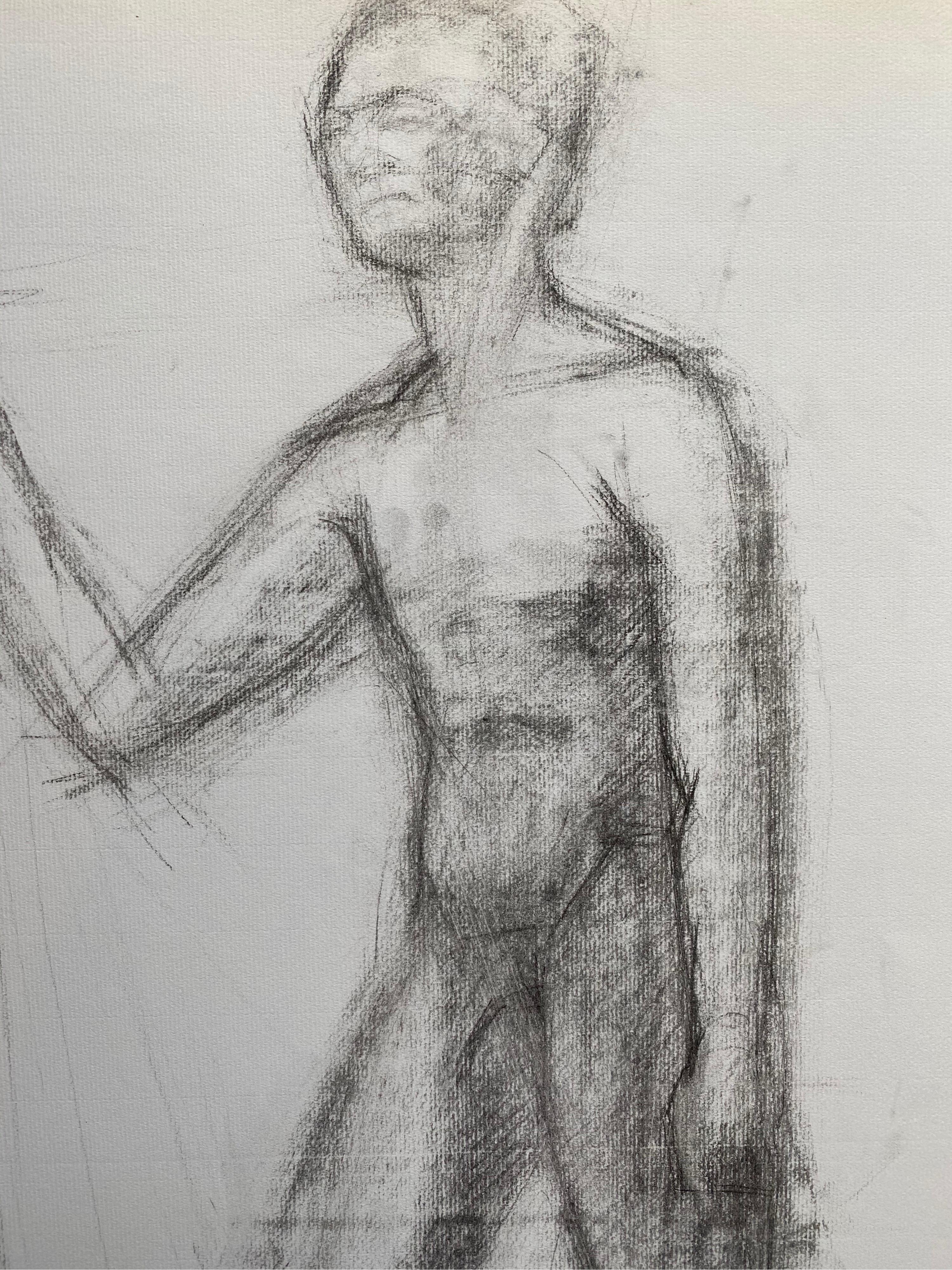 Mid 20th Century French Charcoal Drawing - Portrait of a Standing Nude Man - Art by GENEVIEVE ZONDERVAN (1922-2013)