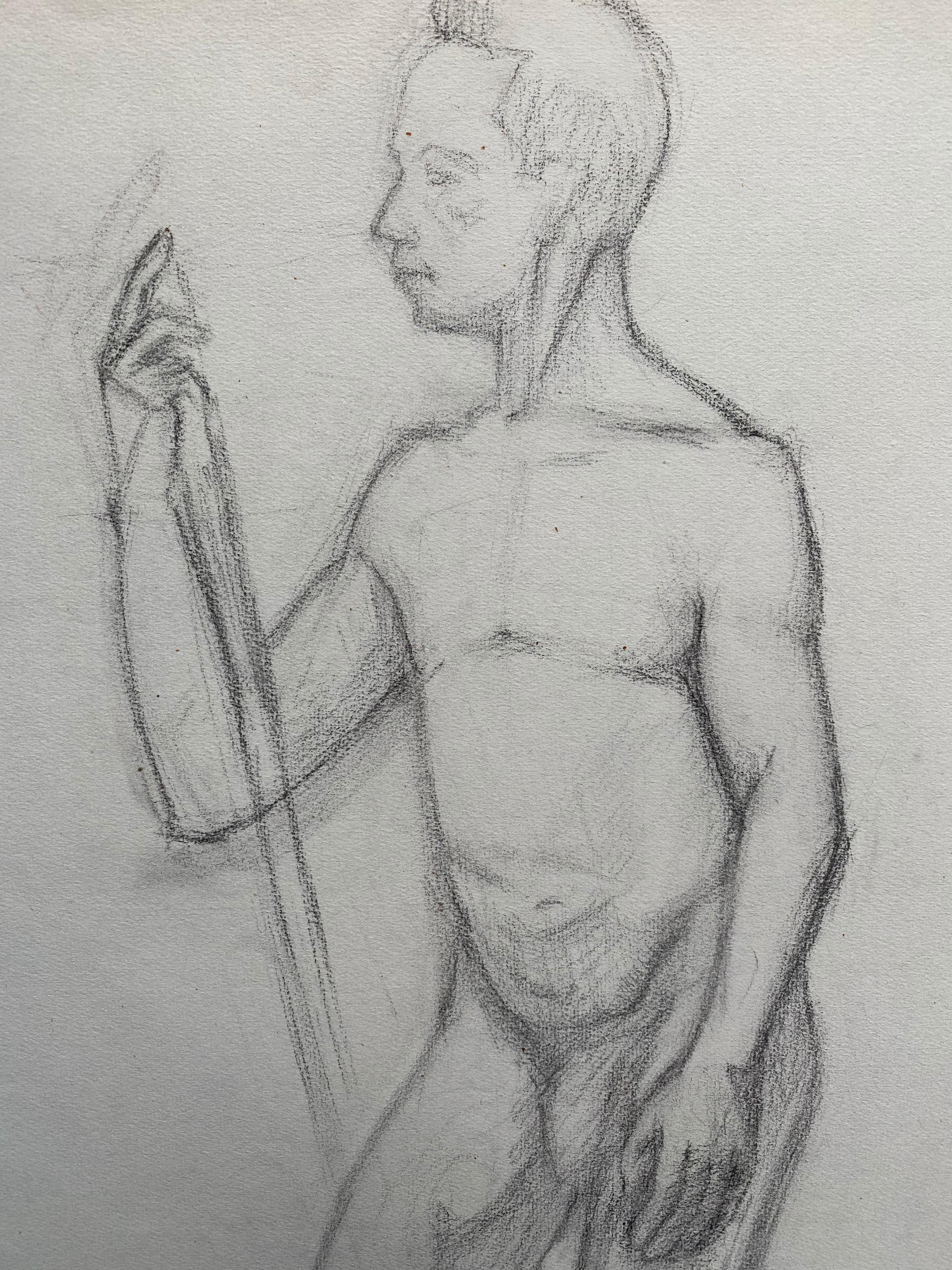Mid 20th Century French Charcoal Drawing - Portrait of a Standing Nude Man