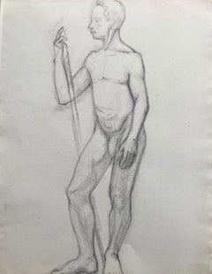 Mid 20th Century French Charcoal Drawing - Portrait of a Standing Nude Man