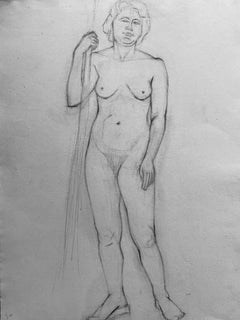 Disegno a carboncino francese della metà del XX secolo - Ritratto di donna nuda in piedi