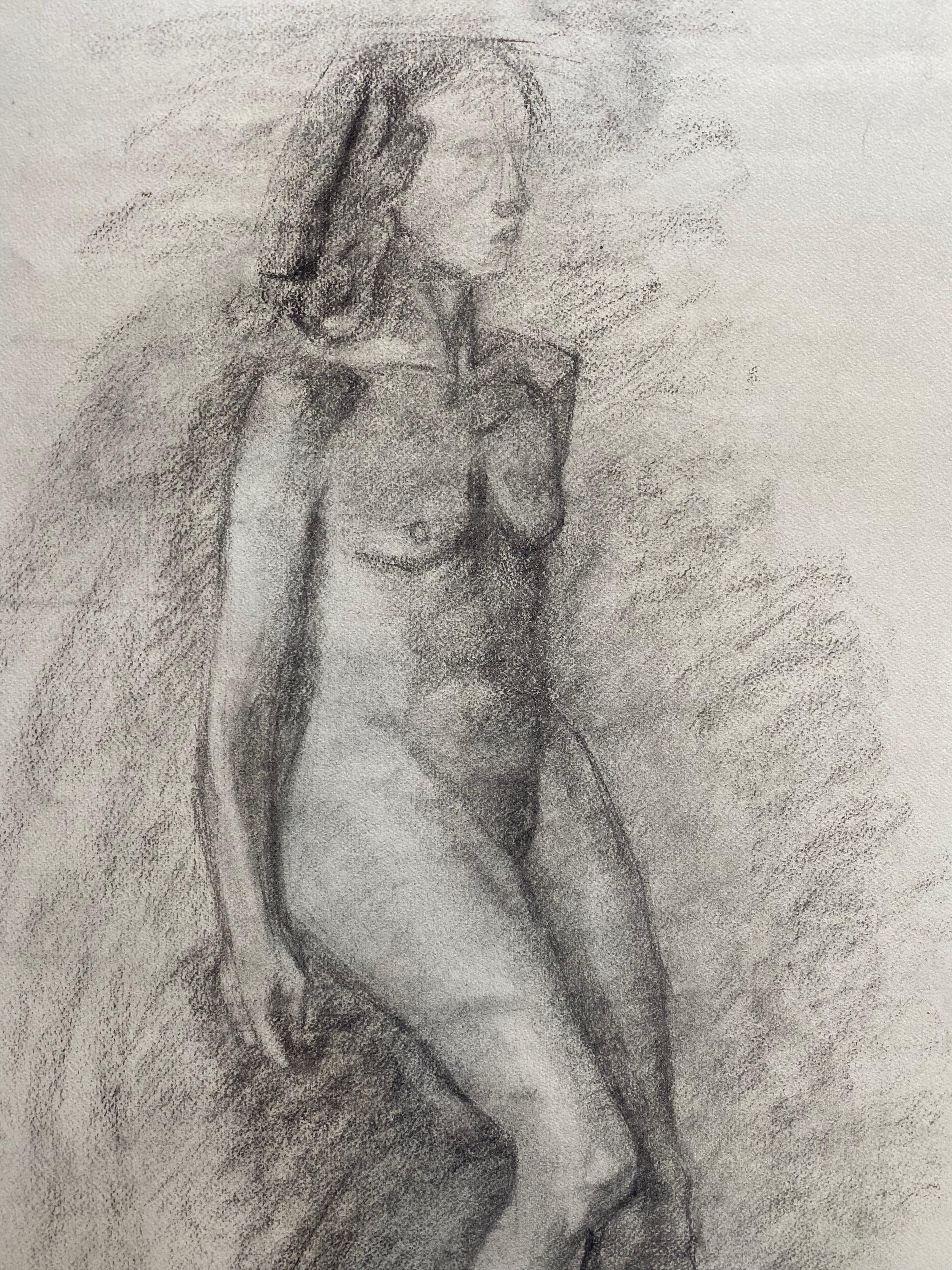 Drawing au fusain français du milieu du 20e siècle - Portrait d'une femme nue debout