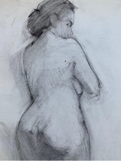 Dibujo al carboncillo francés de mediados del siglo XX - Retrato de mujer desnuda de pie