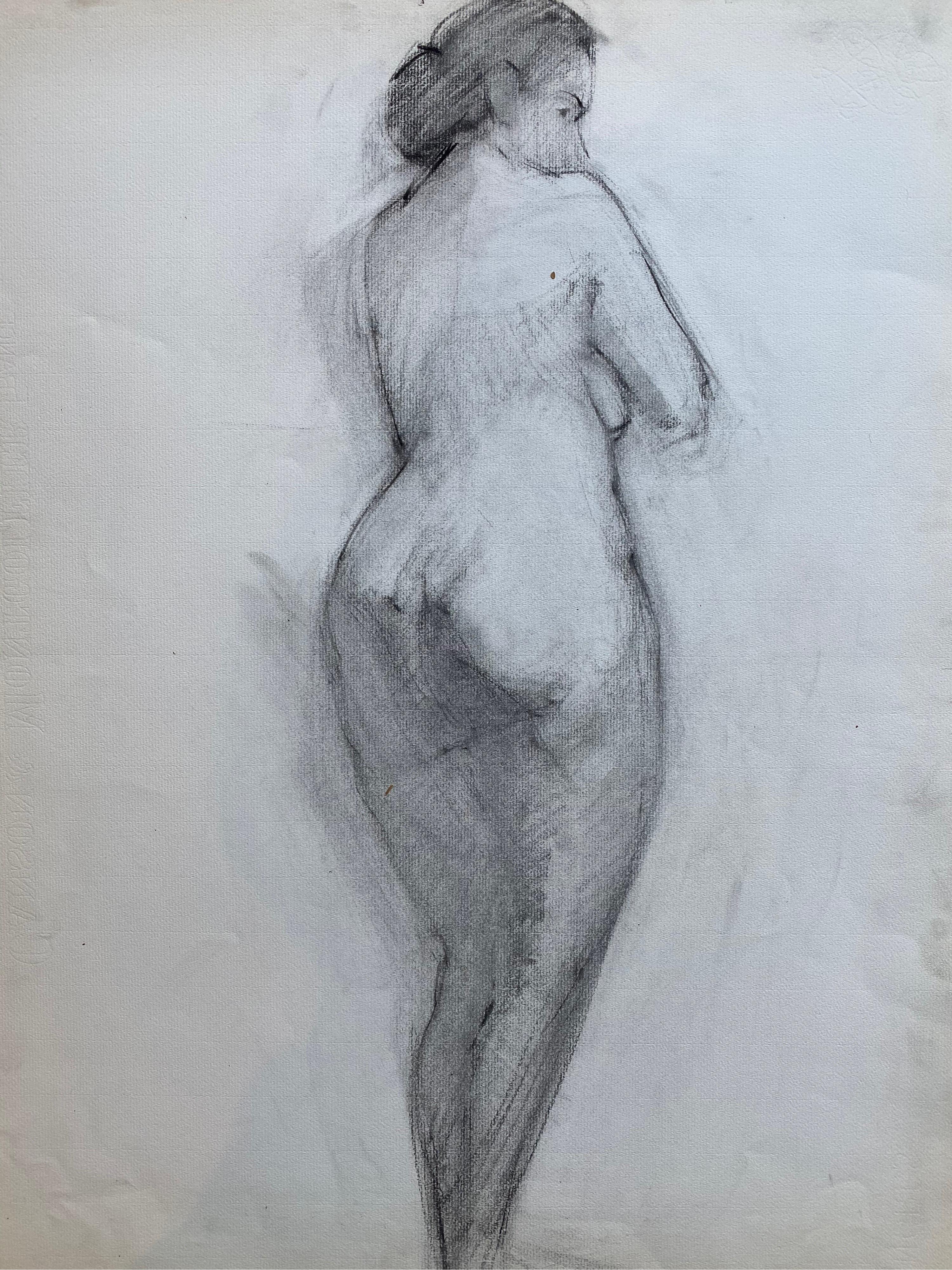 Dibujo al carboncillo francés de mediados del siglo XX - Retrato de mujer desnuda de pie - Painting de GENEVIEVE ZONDERVAN (1922-2013)