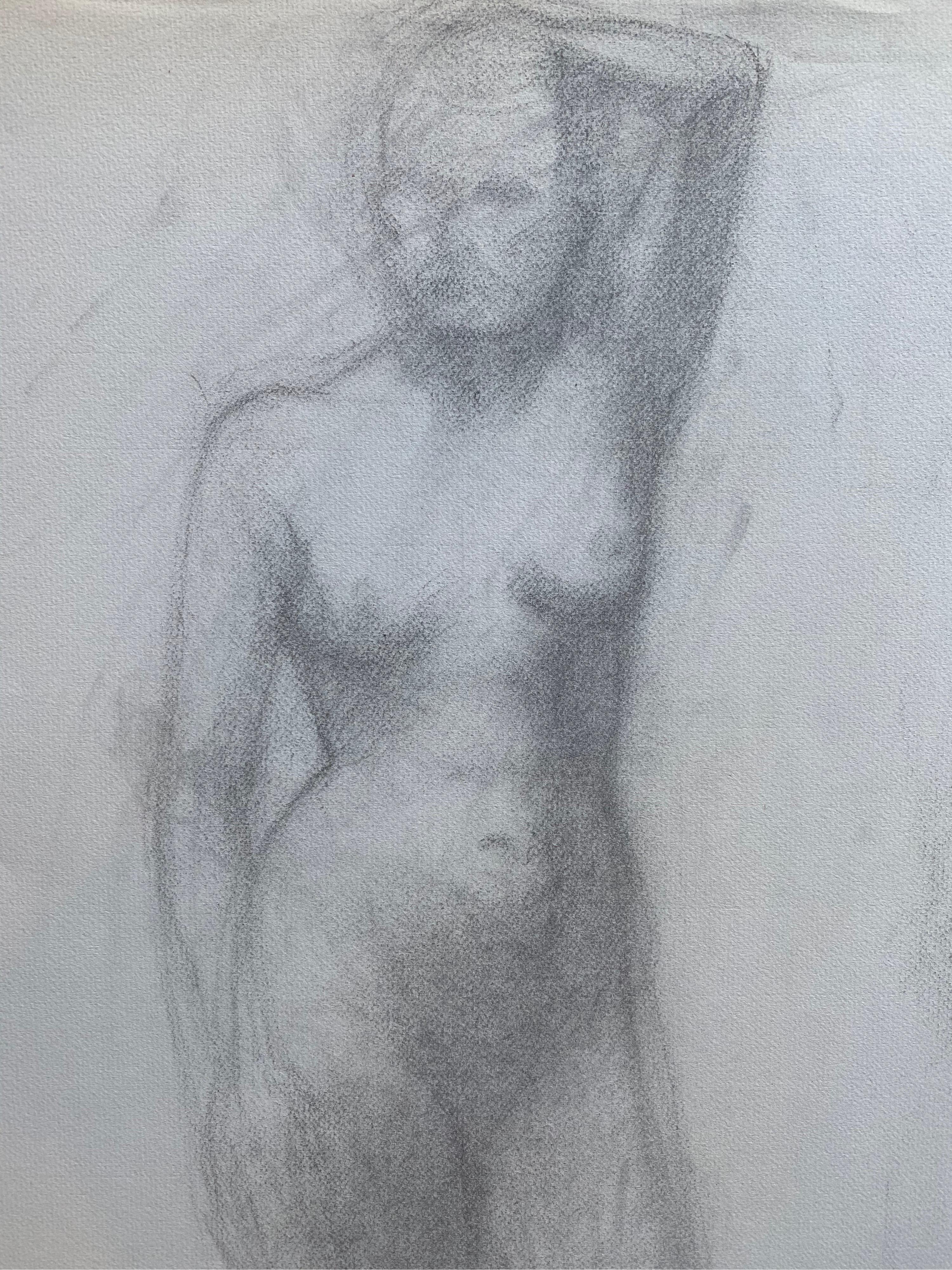 Französische Kohlezeichnung aus der Mitte des 20. Jahrhunderts – Porträt einer stehenden nackten Frau